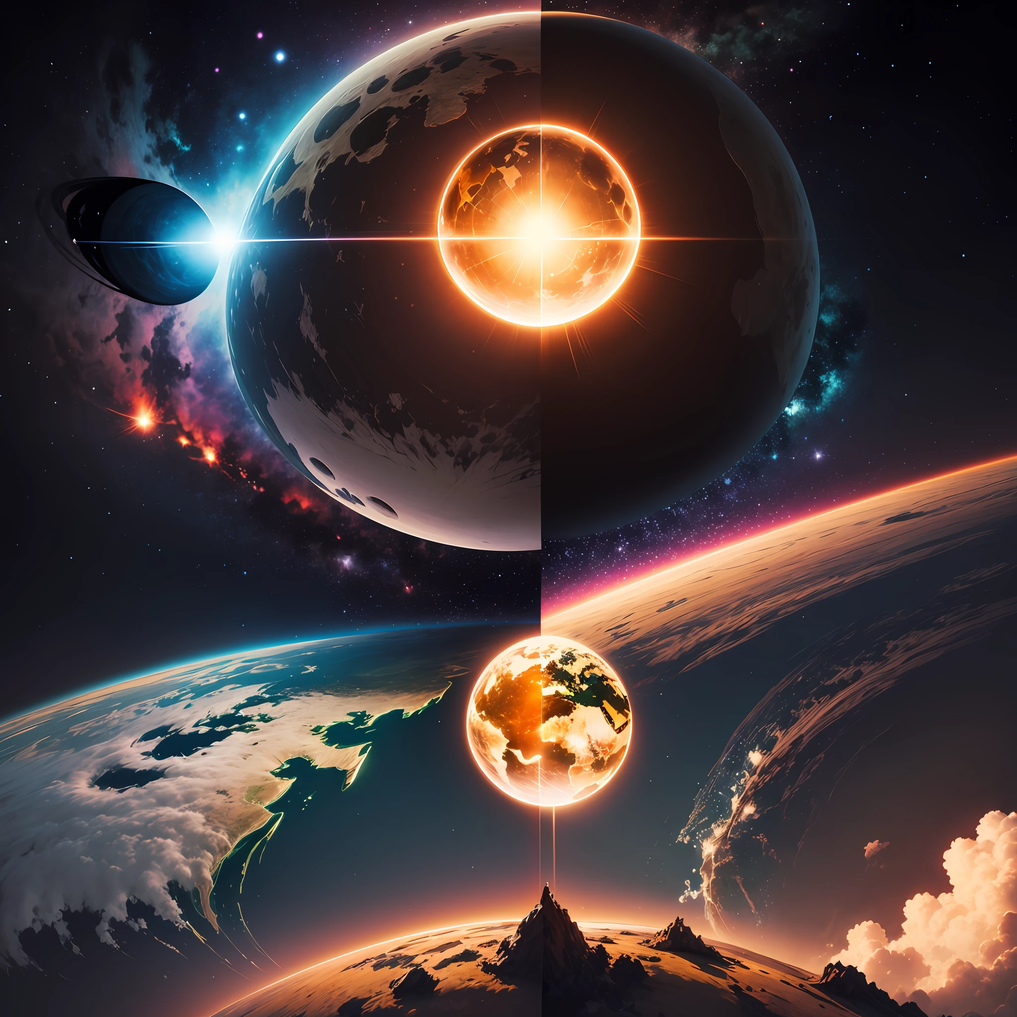 Illustration of the great controversy, planet Earth being thrown by light on one side and darkness on the other --auto