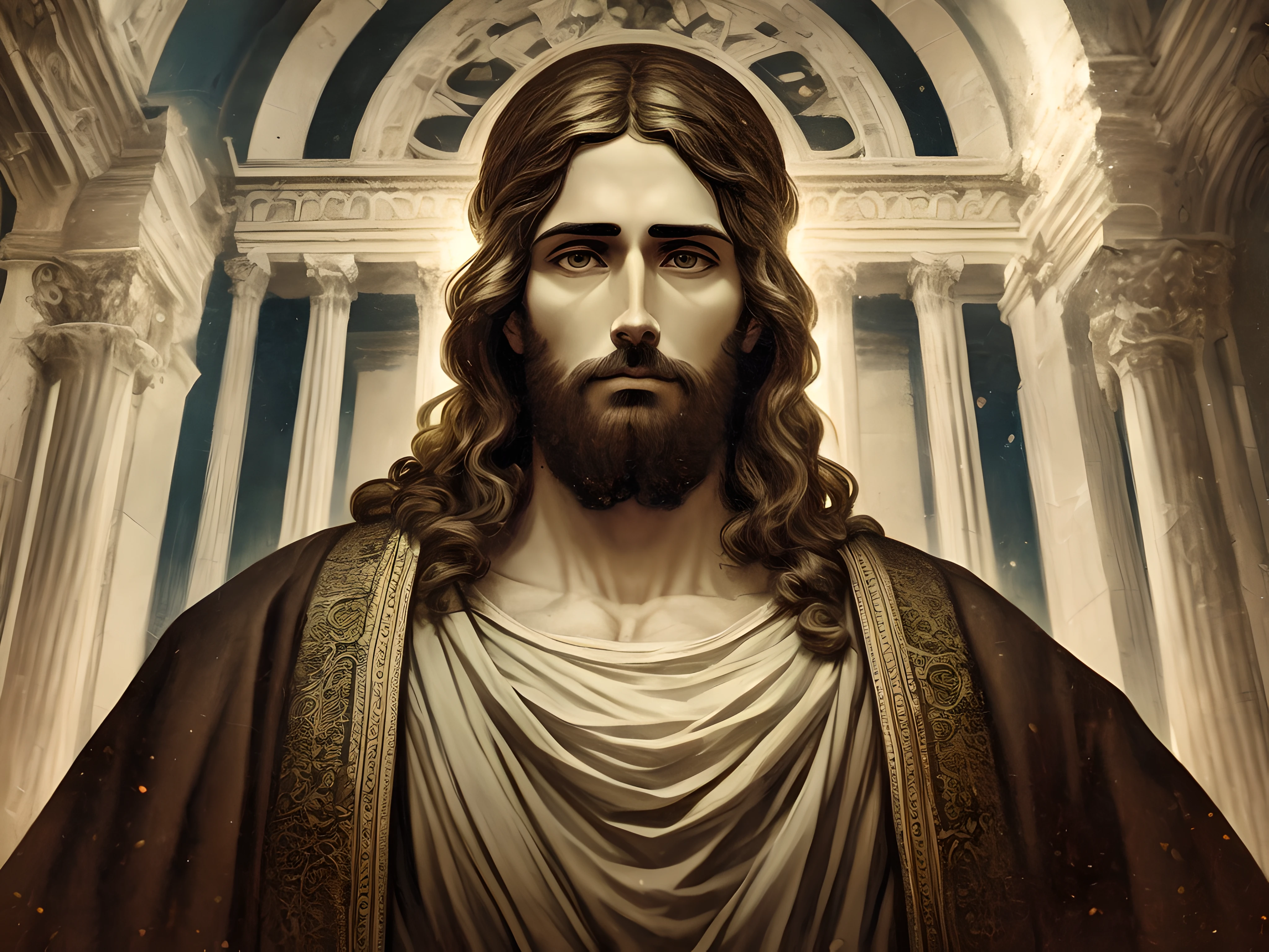 an imposing image of Jesus, with an undeformed face, cinematic lighting, depth of field, bokeh, realism, photorealist, hyperrealism, professional photography