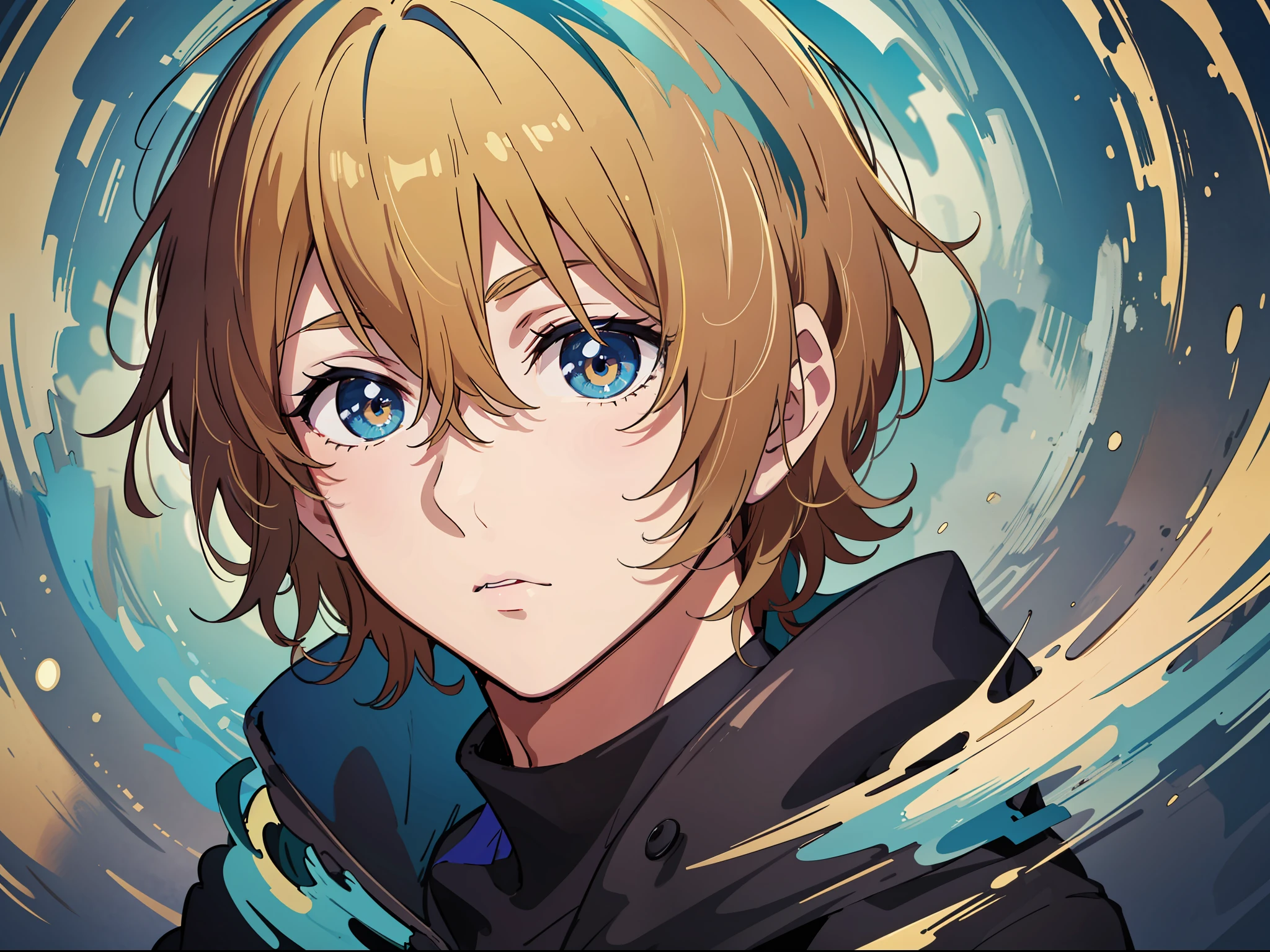 The image of an anime guy with a unique color scheme is blonde with partially brown, blue and yellow shades of eyes. 8k quality with high detail, creating a masterpiece impression. The theme of mysticism adds mystery and appeal to this work of art.