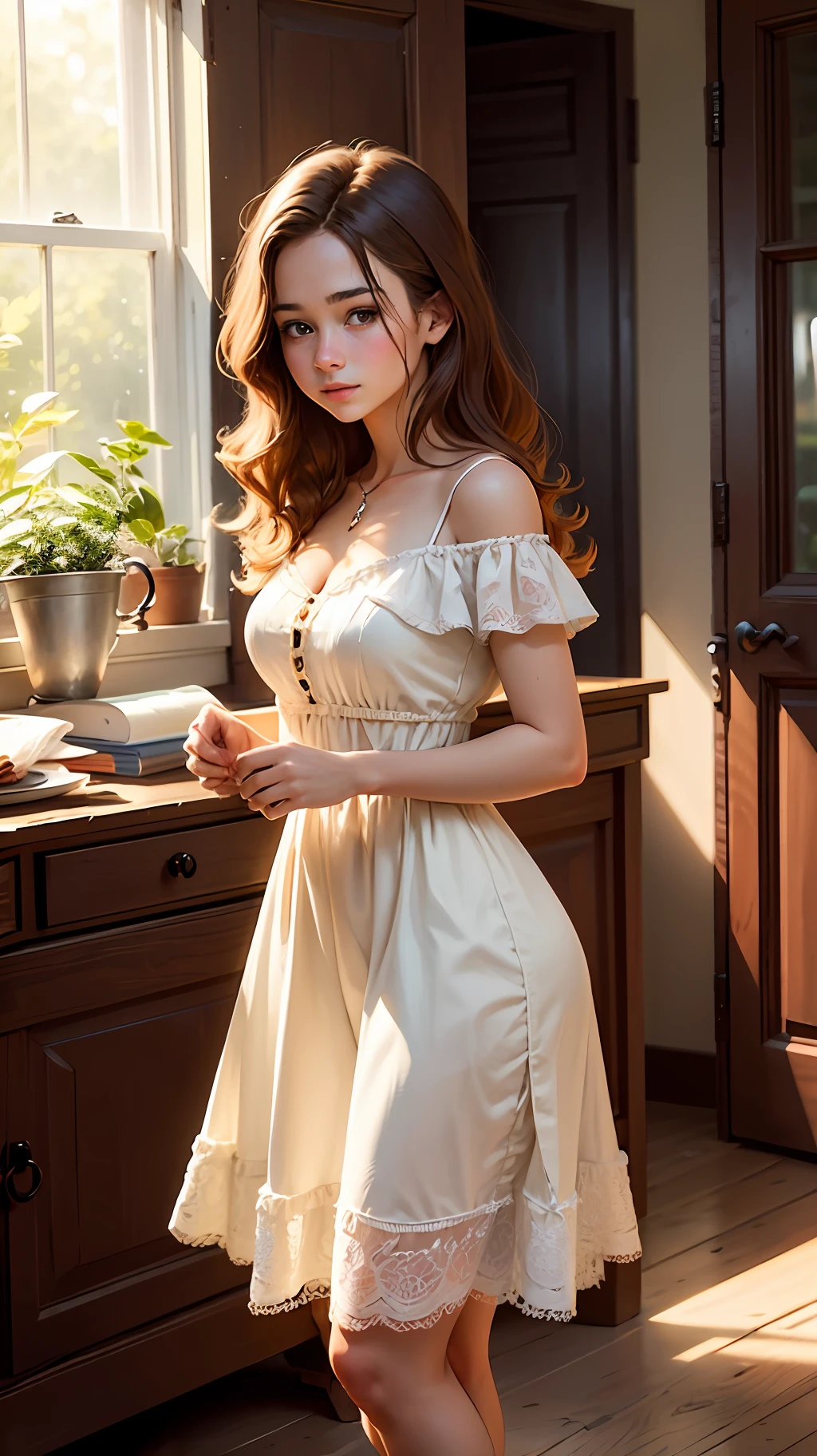 "A charming looking 17-year-old with brown hair adorned with delicate golden locks, who appreciates a cottagecore-inspired lifestyle and dresses elegantly and sophisticated, as if she belonged to high society." --auto