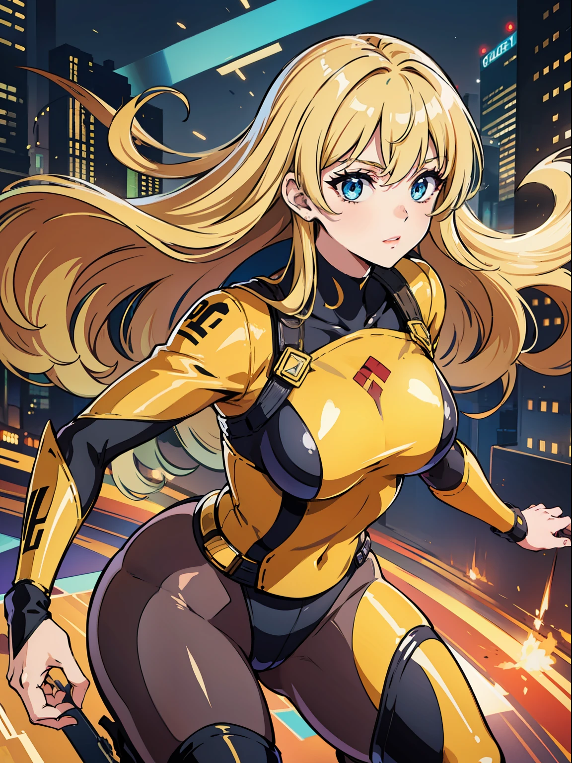 Masterpiece, high quality, golden mask, blonde long hair in golden costume, blue-eyed ninja girl, dynamic angle, dynamic pose, neon street