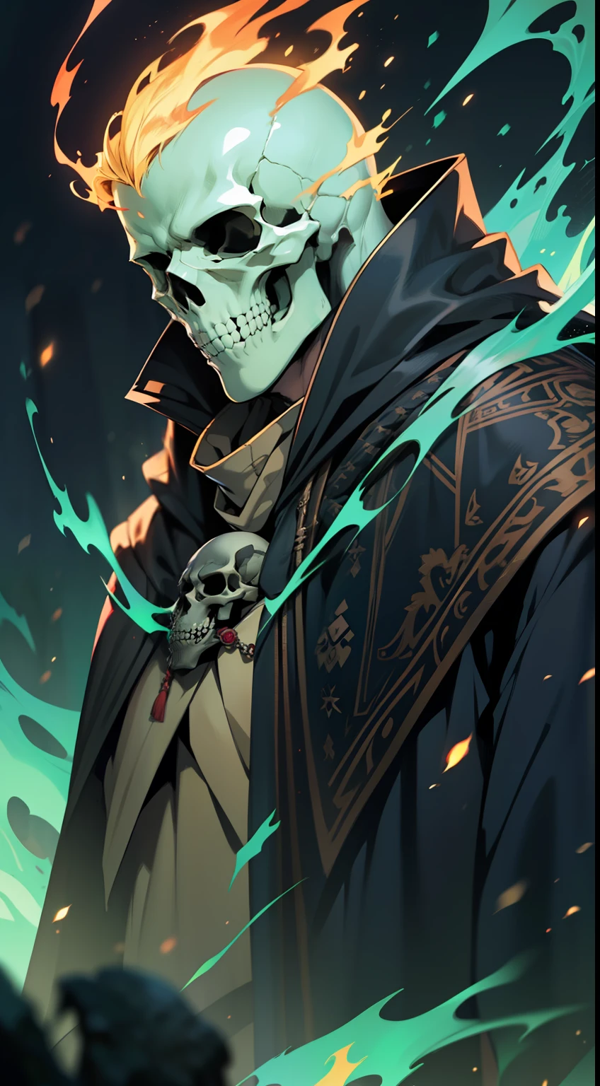 Best quality, masterpiece, ultra high res,detailed background,realistic,hadesstyle,solo,male,mature,bara,muscular,mature male,short hair,facial hair,wizard,necromancer,skull,green fire,horror \(theme\),dark fantasy,evil,cape,depth of field