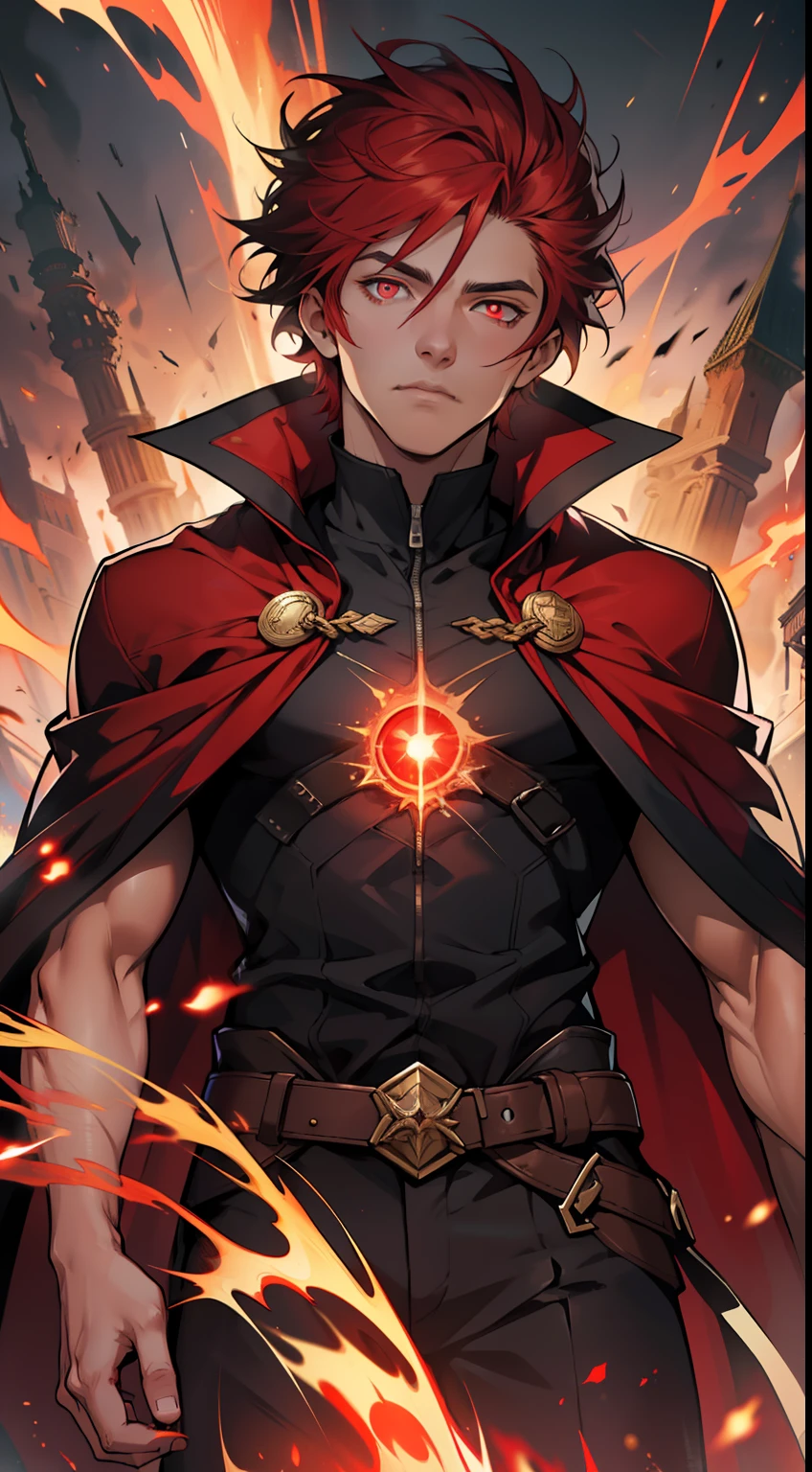(absurdres, highres, ultra detailed), masterpiece, best quality, a boy with in black outfit, red cape, wizard, solo, handsome, short hair, red hair, vibrant red eye, glowing eye, glow effect, finely eye, detailed face, red flame, spark, swirl, isolated land background, from below, look down, look at viewer, cowboy shot