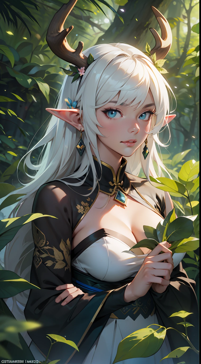 Masterpiece, best quality, (very detailed CG unified 8k wallpaper), (best quality), (best illustration), (best shadow), close-up of a beauty with white hair and white mask, beautiful figure painting, Guvitz, Guwiz style artwork, white-haired god, Yang J, epic exquisite character art, amazing character art, Fan Qi, Wu Zhun Shifan, Guwiz in pixiv art station, glowing elf, with a glowing deer, drinking water in the pool, Natural elements in forest theme. Mysterious forest, beautiful forest, nature, surrounded by flowers, delicate leaves and branches surrounded by fireflies (natural elements), (jungle theme), (leaves), (branches), (fireflies), (particle effects) and other 3D, Octane rendering, ray tracing, super detailed