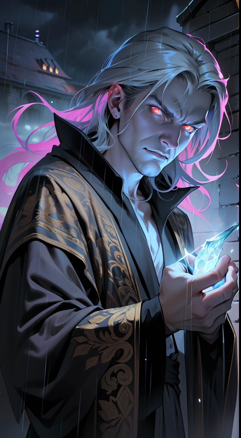 ((best quality)), ((masterpiece)), ((ultra realistic)), beautiful intricately detailed soft oil painting of a looming dark lord, 1man, evil mage with glowing eyes, frowning detailed face, intricately embroidered robes, terrifying, dark, evil castle on a stormy night, lightening, rain, casting a spell, (comic style), glowing rainbow colored magic,