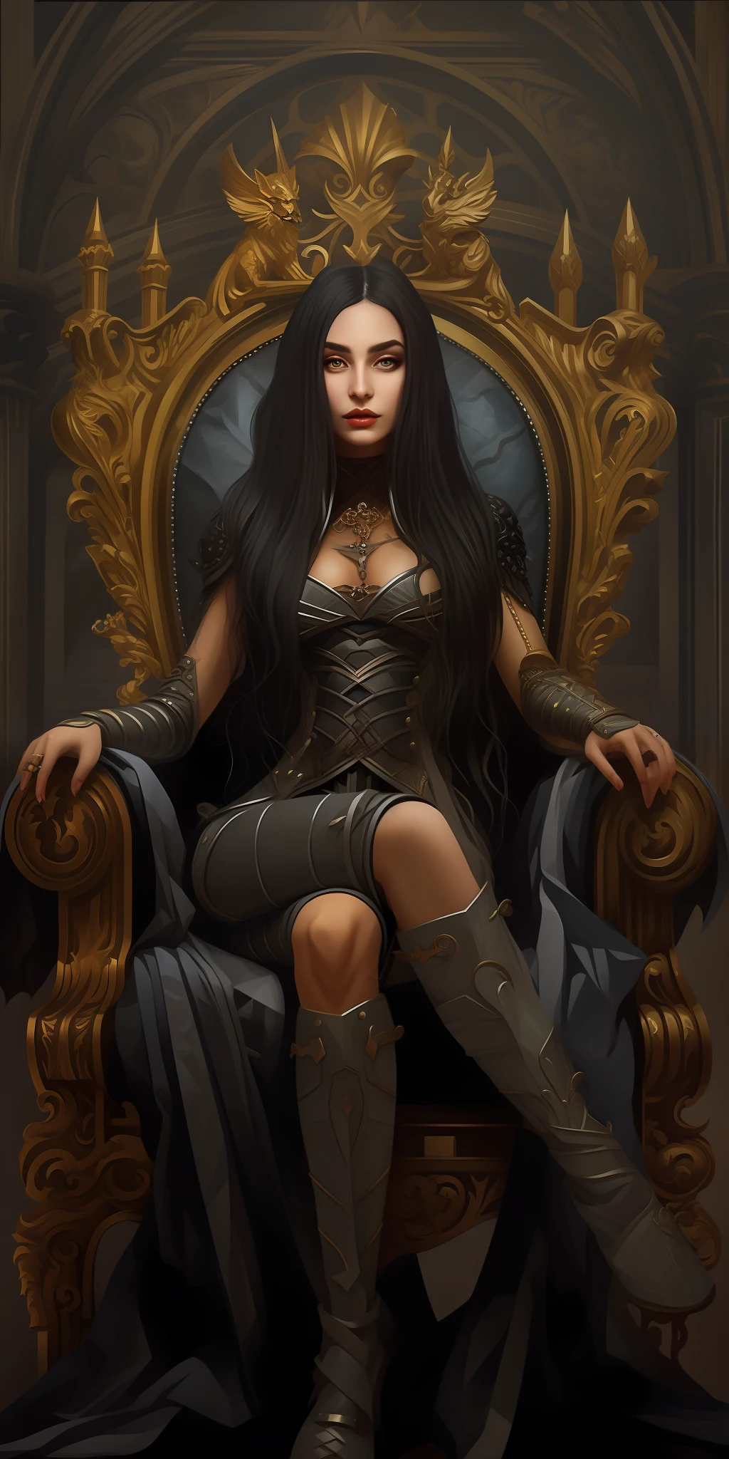 A stunning vampire woman sitting on a throne with a sword in her hand, on her throne, sitting on her throne, sitting on a gilded throne, sitting on intricate throne, sitting on throne, sitting on a throne, in style of dark fantasy art, dark fantasy style art, beautiful vampire female queen, portrait of a dark goddess, sitting on an ornate throne, tenebrous, award-winning digital fantasy art, 16K UHD