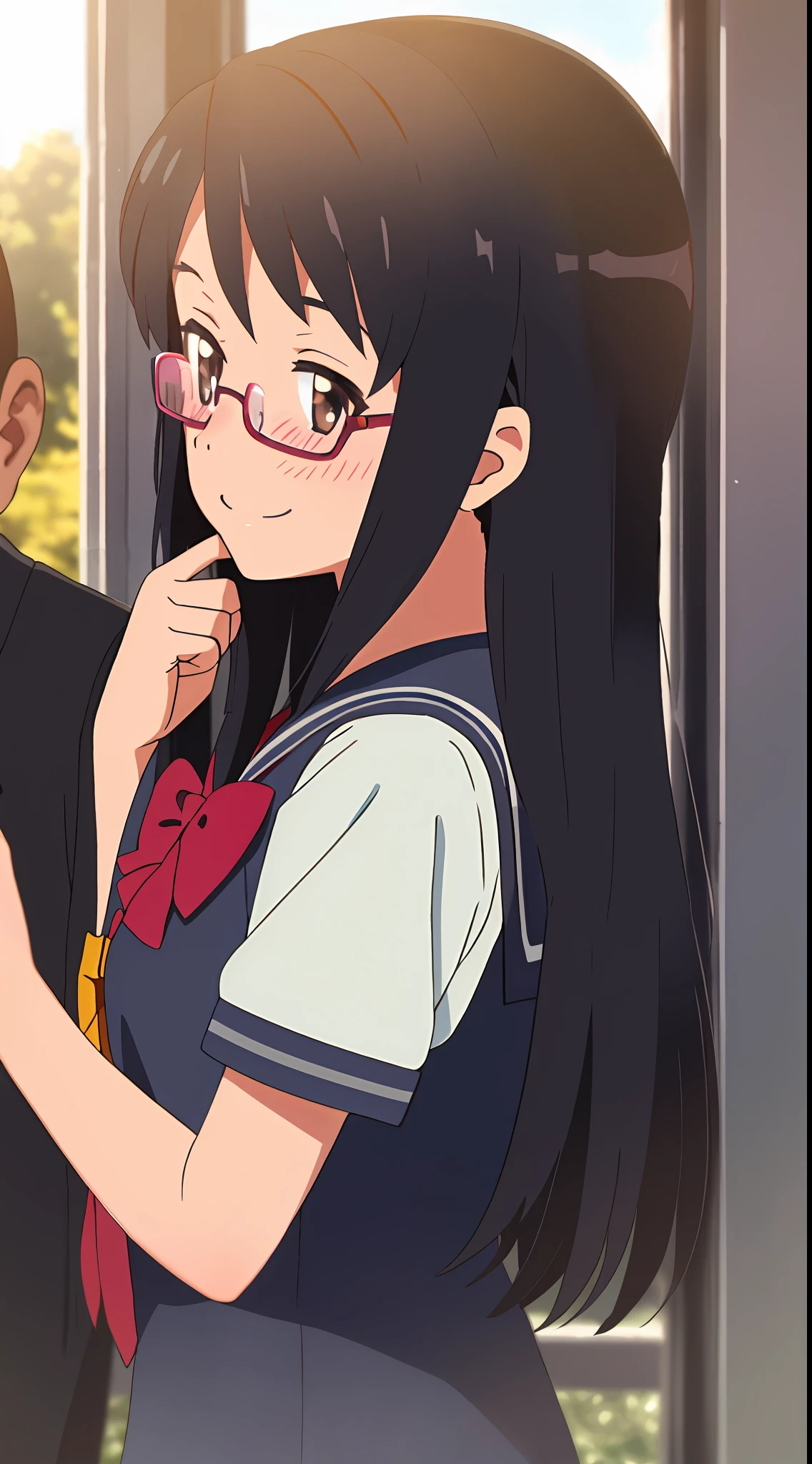 shinkai makoto, kimi no na wa., 1girl, long black hair, brown eyes, blush, sailor uniform, located in the schoolyard of a school, smile, standing pose, close-up, glasses