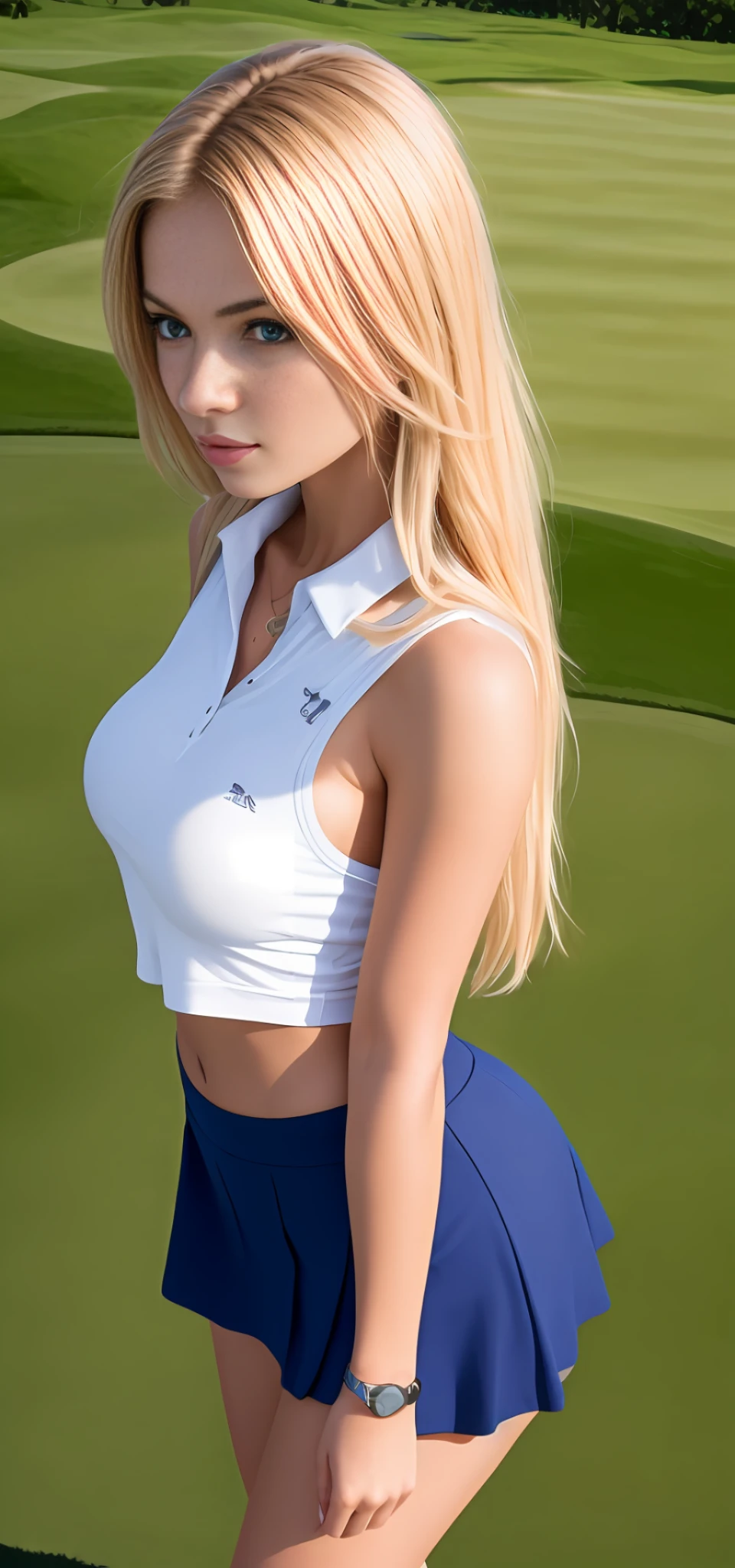1girl, 8k, beautiful, European, blonde, big breasts, very thin waist, wide hip, perfect big ass, perfect legs, big blue eyes, with short short loose microskirt, open top on chest, focus from above breasts, with golf club, on a golf course, excellent image quality, ultra high definition