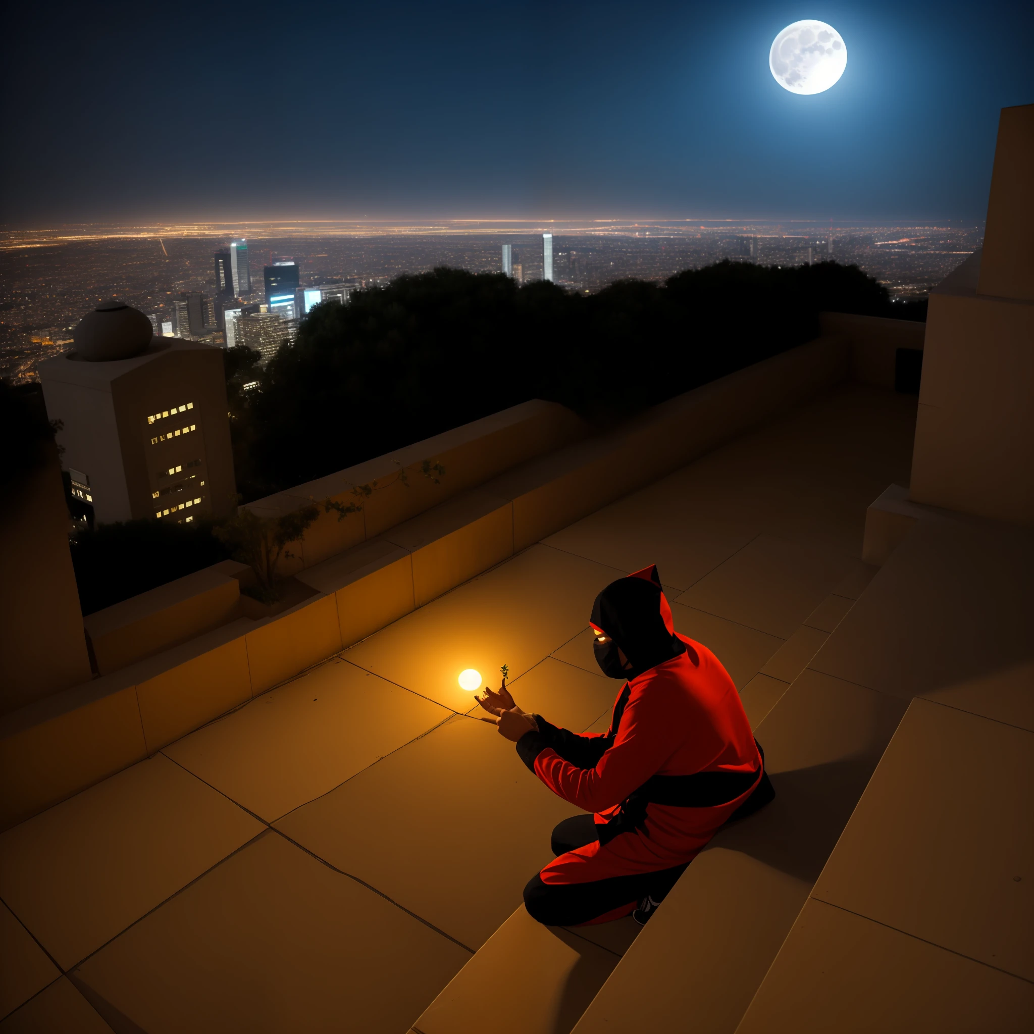 An individual wearing a ninja costume crouched in a building, facing the city on a full moon night, wrapped in an aura.