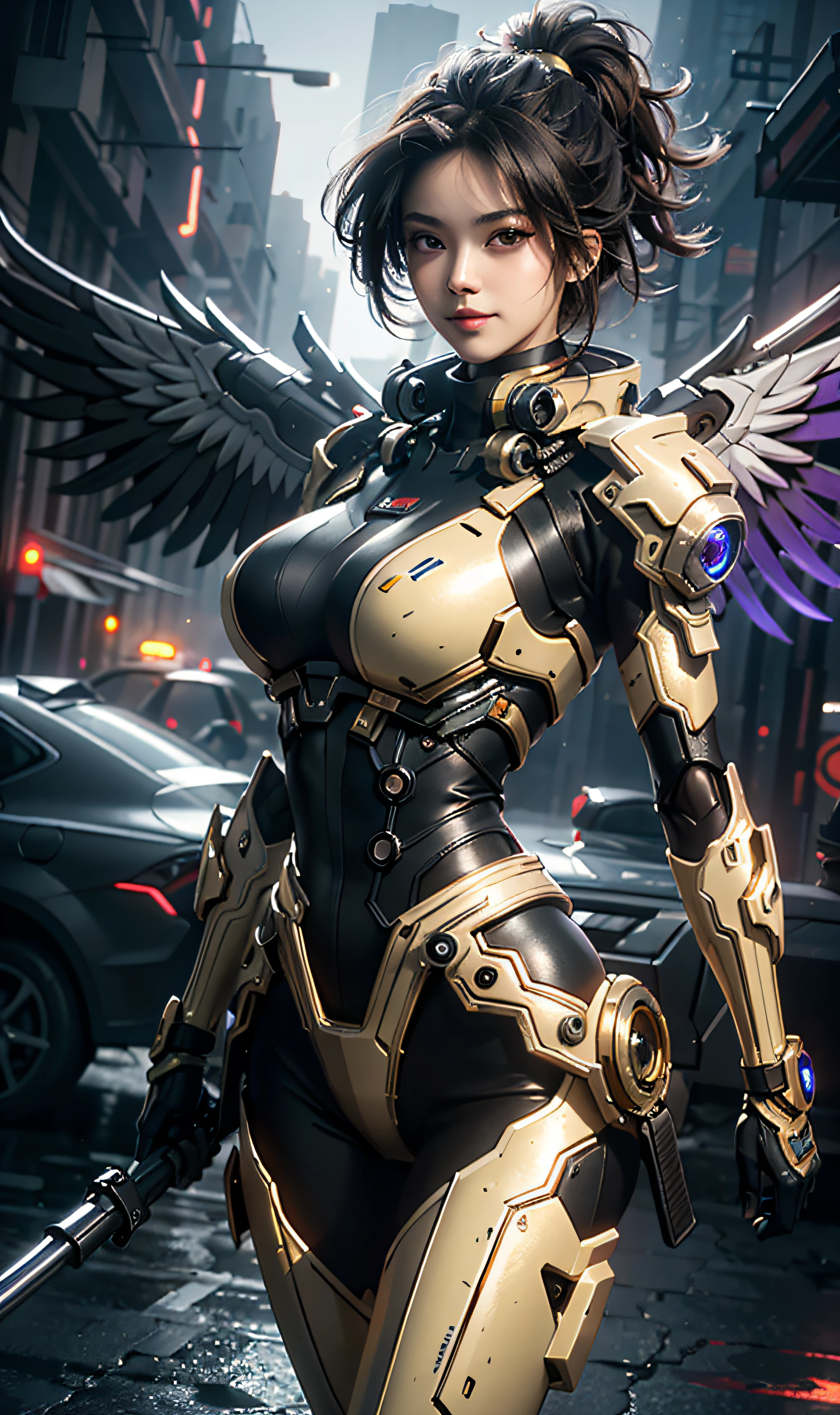 16k, masterpiece,(best quality),highly-detailed,ultra-detailed,1girl, big breast, breast window,(mechanical wings),(cyberpunkcity:1.5,weapon:energy blade),(fantasylandscape:1.2, natural lighting:1.5, confident expression),(panorama:1.2), victory pose, mecha, smile, angle,Angels, wings, gold,raw