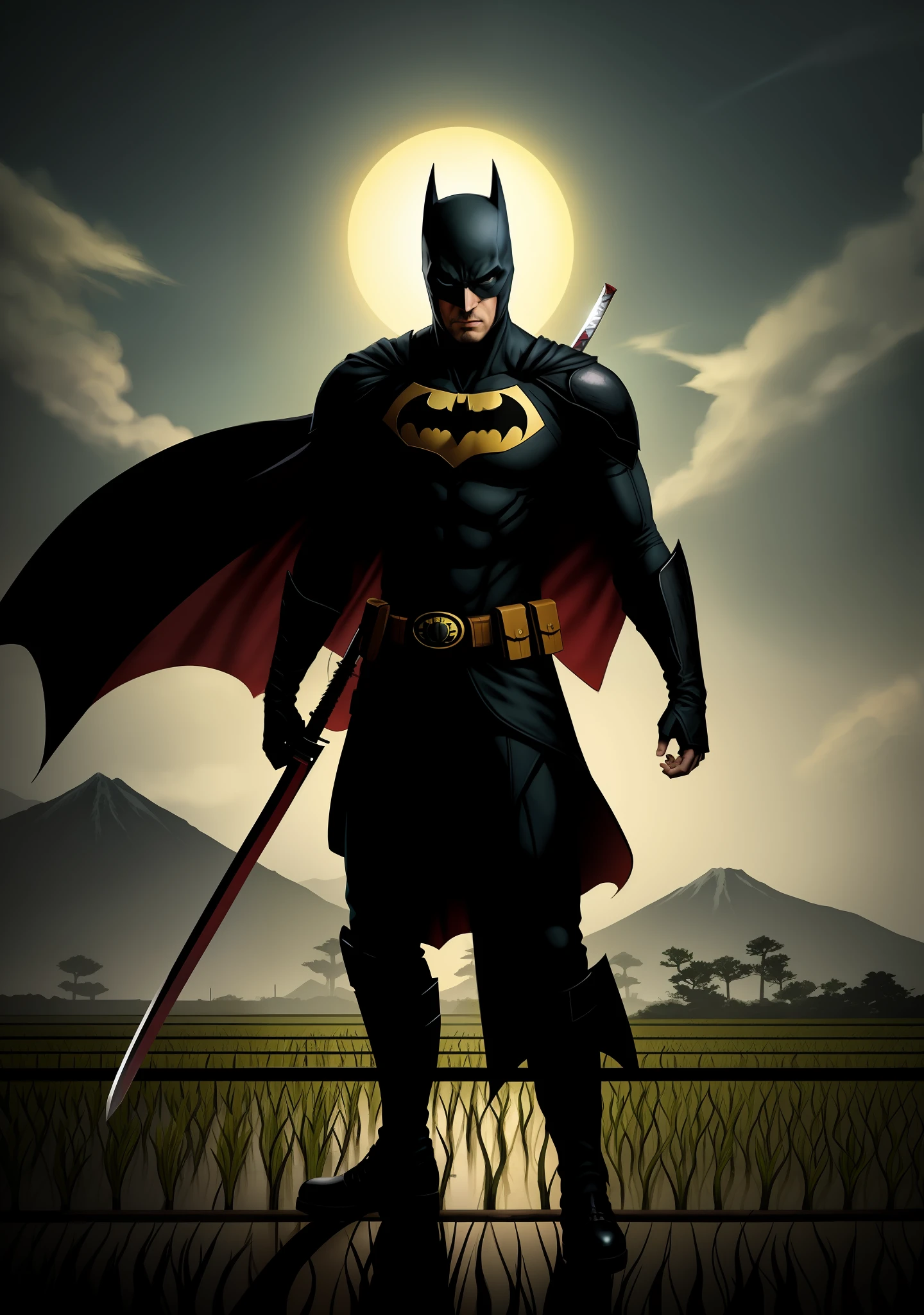Batman (The Bat Man) holding a sword (Katana), Sekiro, centered urban fantasy, digital yellow red sun, in Amino, 2D game background, 'If everything can start again, in a soft green light dawn, G - end man, Kano, avatar image, wanderer, rice field, rice paddy