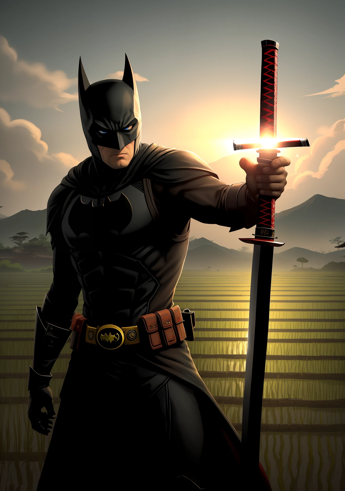 Batman (The Bat Man) holding a sword (Katana), Sekiro, centered urban fantasy, digital yellow red sun, in Amino, 2D game background, 'If everything can start again, in a soft green light dawn, G - end man, Kano, avatar image, wanderer, rice field, rice paddy