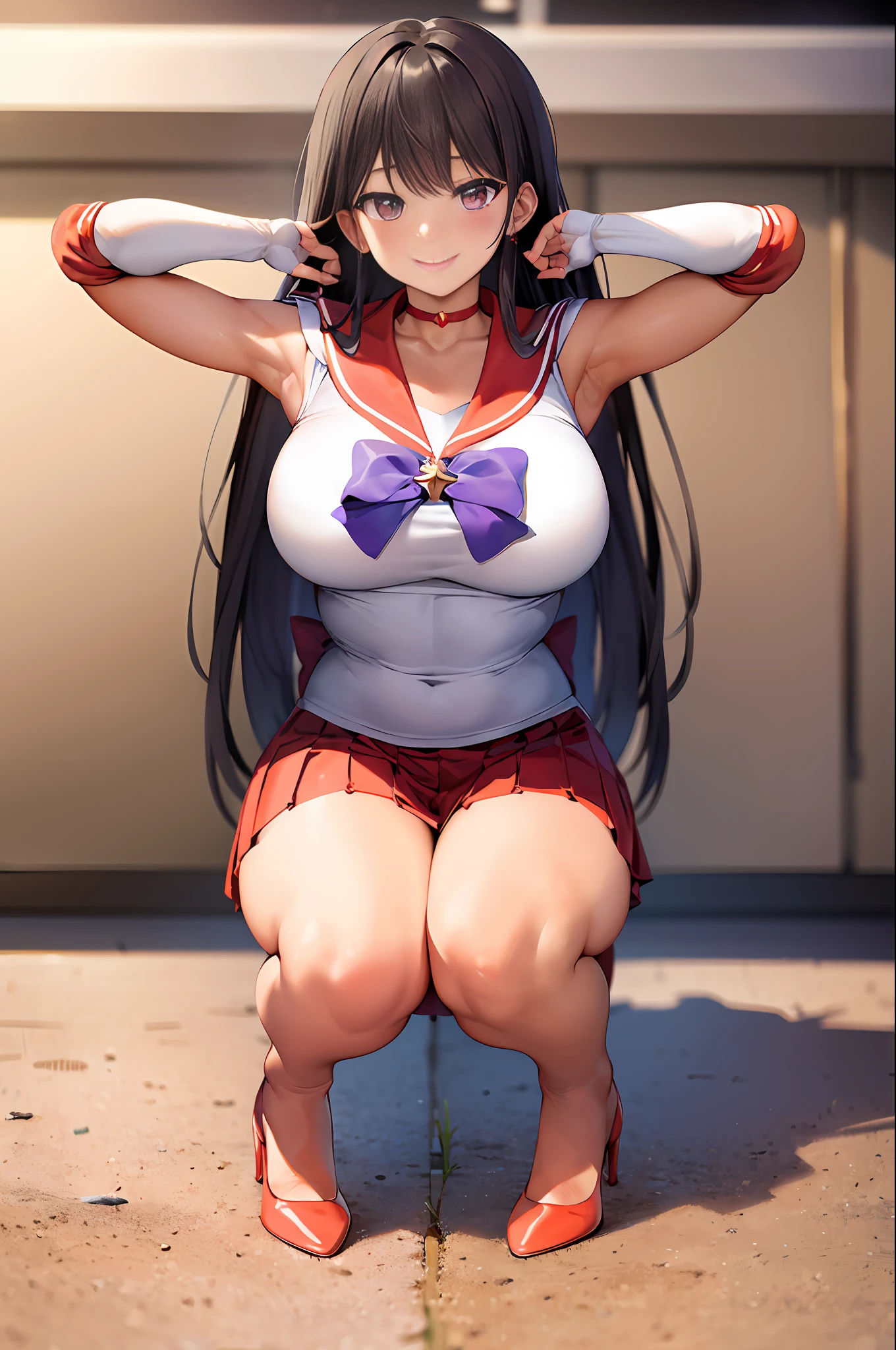 (masterpiece, best quality), High leg, 1 girl, Tiara, Skirt, Sailor Warrior uniform, White gloves, Red sailor color, Red skirt, Star choker, Elbow gloves, Pleated skirt, Bare feet, Clavicle, Purple bow, (Red enamel pin heels: 1.4), Smile, Embarrassing, Blushing, (Squatting on the ground: 1.4), ((Crotch wide open to left and right: 1.5)), ((Legs open: 1.5) ), staring at the viewer, (face the front of the body to the viewer: 1.5), (wide open crotch to face the viewer: 1.5), (arms behind the head: 1.4), (armpits: 1.4), (front of the body: 1.5), low camera position, (perfect legs, perfect arms, perfect fingertips)