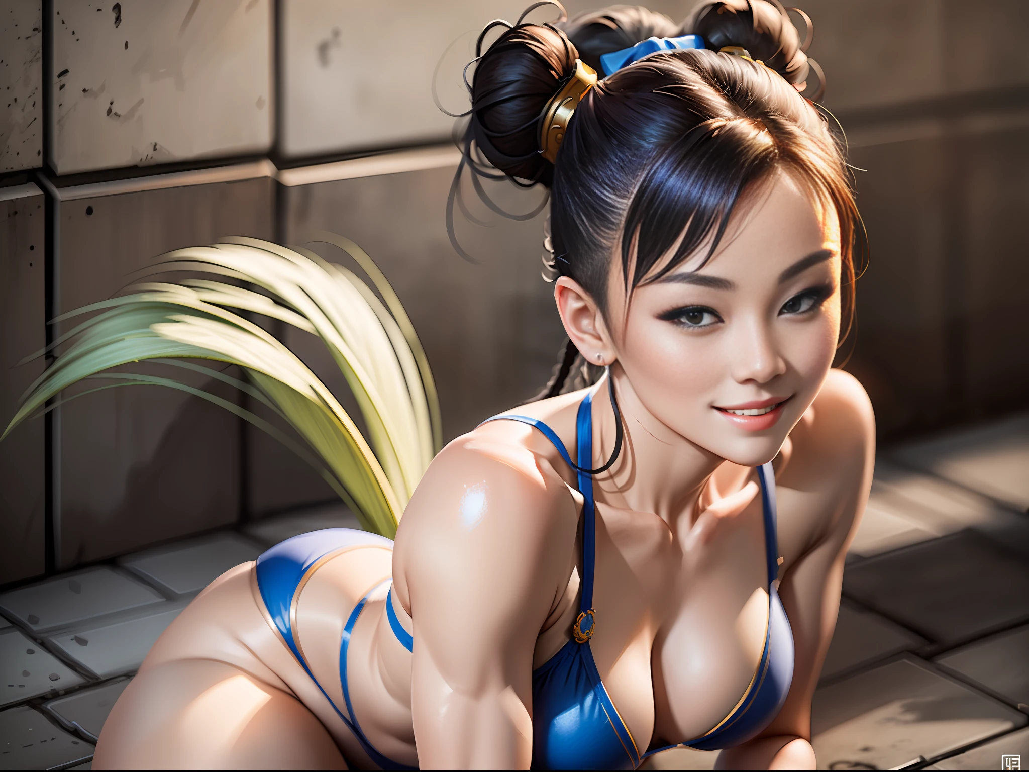 masterpiece, ultra high quality, ultra high definition, 8K, totally realistic, Chun-Li Zhang, extremely beautiful, alone, full body, highly detailed face, fully detailed eyes, perfect eyes, perfect features, very beautiful body, perfect body, cheerful smile, posing, Street Fighter V, wearing micro bikini