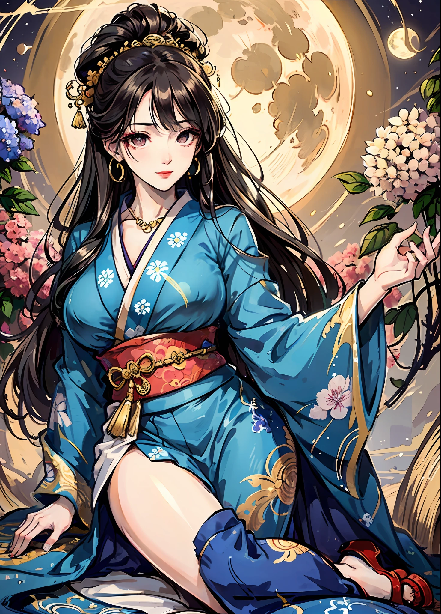 Masterpiece, Superb Product, Night, Full Moon, 1 Woman, Mature Woman, (Goddess Izanami), Japanese God, Japanese Style, Old Japanese, Sister, Royal Sister, Forced Smile, (Black Eyes), (Golden and Blue Kimono), Brown Hair, Updo, Red Lips, Insecurity, Intellectual, Hairpin, Loose Hair, (Long Hair), Facial Details, Detailed Eyes, Full Body, Dark Eyes, Long Hair, Hydrangeas, Sensual Woman