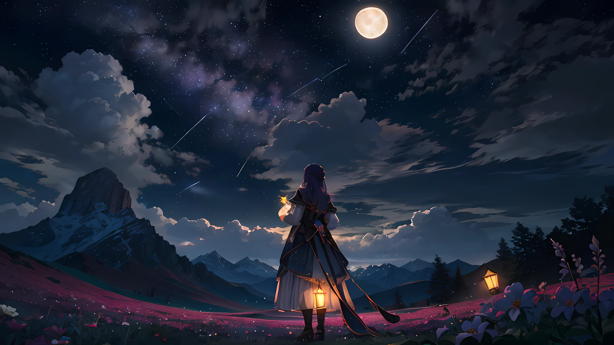 Expansive landscape photograph, (view from below with a view of the sky and wilderness below), standing in a flower field looking up, (full moon: 1.2), (shooting star: 0.9), (nebula: 1.3), distant mountain, tree break production art, (warm light source: 1.2), (firefly: 1.2), lamp, purple and orange, intricate detail, volume lighting, realism break (masterpiece: 1.2) (Best Quality), 4K, Ultra-Detailed, (Dynamic Configuration: 1.4), Highly Detailed and Colorful Details, (Iridescent Colors: 1.2), (Glowing Lighting, Atmospheric Lighting), Dreamy, Magical, (Solo: 1.2)