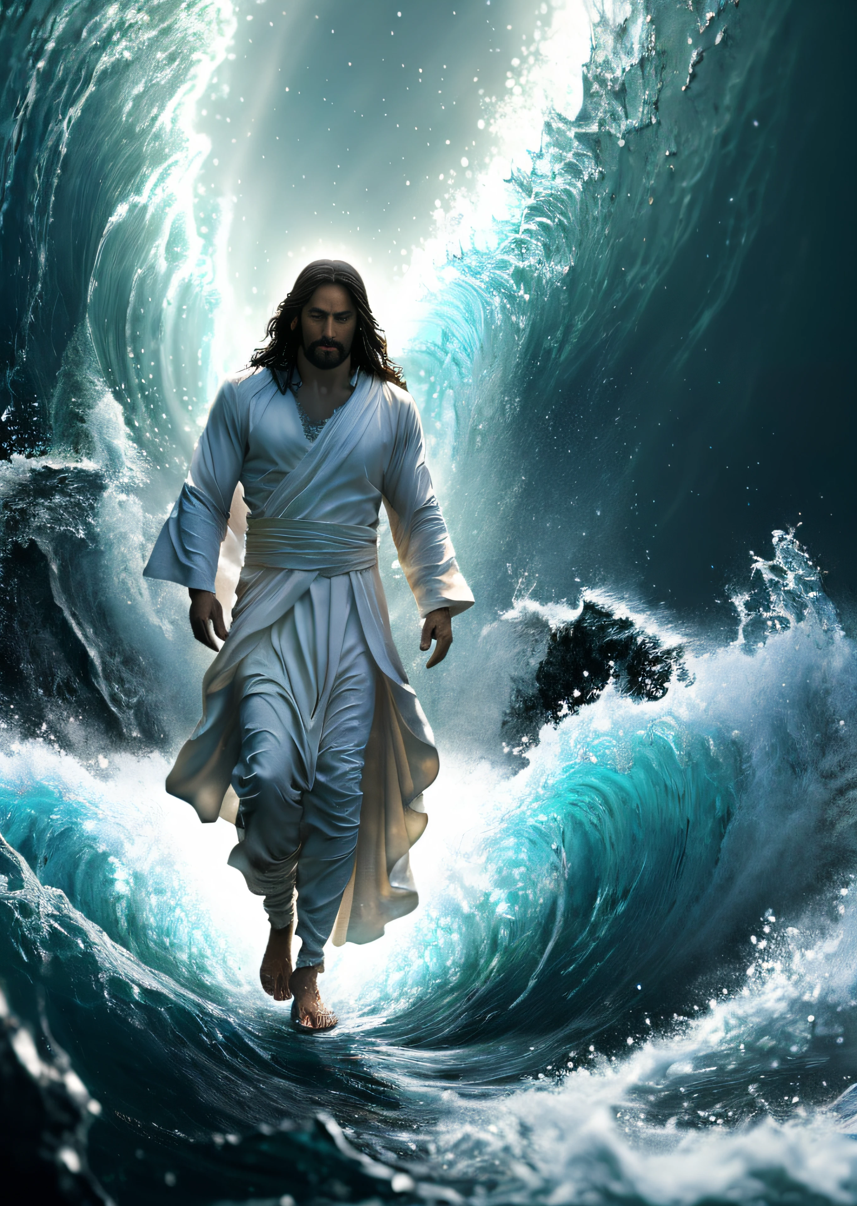 jesus walking on water in a storm, masterpiece, best quality, high quality, extremely detailed CG unit 8k wallpaper, award winning photography, Bokeh, Depth of Field, HDR, bloom, Chromatic aberration, photorealistic, extremely detailed, trending on artstation, trending on CGsociety, intricate, high detail, dramatic, mid-journey art, volumetric lighting