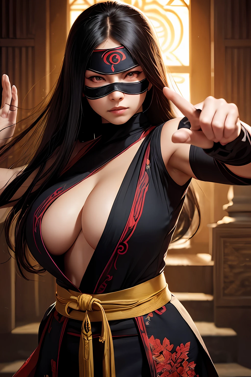 high quality fingers, normal hands, detailed fingers, masterpiece, (realistic, photo-realistic: 1.37), realistic, 1girl, long hair:1.5, black hair:1.2, red eyes:1.5, bright eyes, mortal kombat, ninja, weapons, kimono, dress, mortal kombat costume, large breasts, fighting pose, serene look, temple, meditation, ninja mask, cover half face, eyes to the sky
