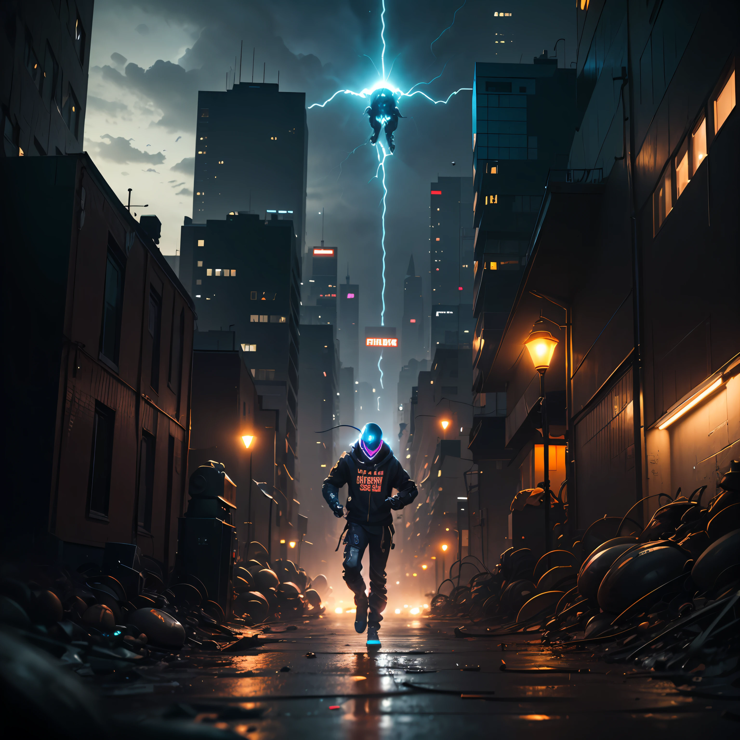 Dirty cyberpunk Alien monster, load wire, perfect proportion, Cyberpunk Edgerunner style, flying over the rough weather city, late night, breathing fire, cold chaos strong contrast,distant view, 8K picture quality, shimmer, delicate picture,loish, jeremy mann, full body shot, character sheet, lightningwave, 3d, cgi, glowing neon, cyberpunk, streetwear outfit, neon city --auto