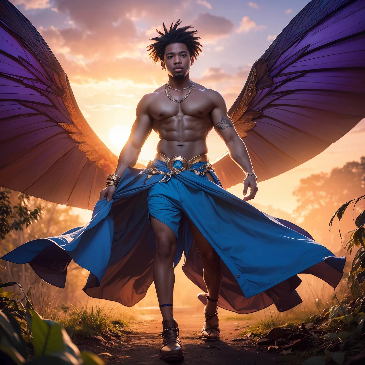 Cute male black man fairy with blue and orange details, large wings, forest in background, vibrant colors, full body, detailed face, detailed hands, detailed legs, detailed fingers, detailed hair, detailed eyes, detailed skin, lush vegetation blurred background, vibrant colors, lush light, soft light, sunset light, smooth light, symmetrical, full body, reflections, dynamic HDR lighting, 8k resolution,  cinematic film, smooth, sharp focus, realistic, strobe light beams, ((blurred background)):1.7, (((depth of field)) ):1.8, cinestill 800t 35mm, high quality, heavy grain, high detail, cinematic composition, dramatic light, anamorphic, ultra wide lens, hyperrealistic --auto