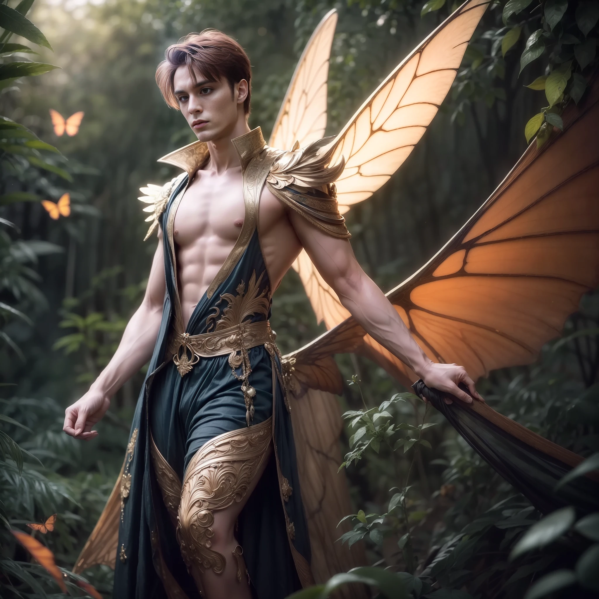 Beautiful male male fairy outfit, long clothes, full body, with orange and gold details, large wings, with butterflies flying through the nose, branches of plants rising up the cheekbones, delicacy, beauty, full body, lush vegetation blurred background, vibrant colors, lush light, soft light, sunset light, smooth light, symmetrical, full body, reflections, dynamic HDR lighting, 8k resolution,  cinematic film, smooth, sharp focus, realistic, strobe light beams, ((blurred background)):1.7, (((depth of field)) ):1.8, cinestill 800t 35mm, high quality, heavy grain, high detail, cinematic composition, dramatic light, anamorphic, ultra wide lens, hyperrealistic