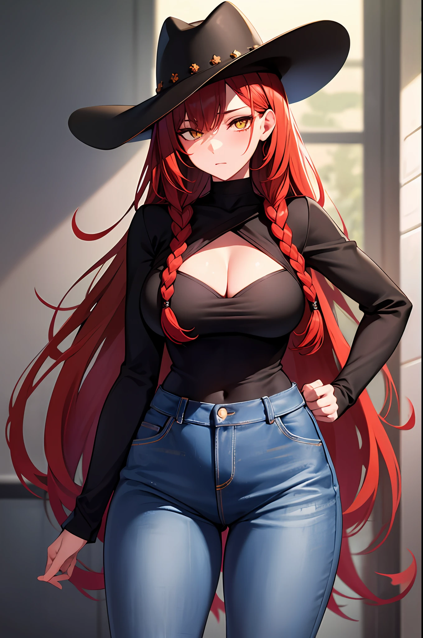 masterpiece, best quality, 1girl, long hair, big bust, very long red hair, jeans, cowboy clothes, outer, sexy, sensual, nlanca and brown clothes, yellow eyes, serious, emotionless, adult woman, braids, cowboy hat, seductress,