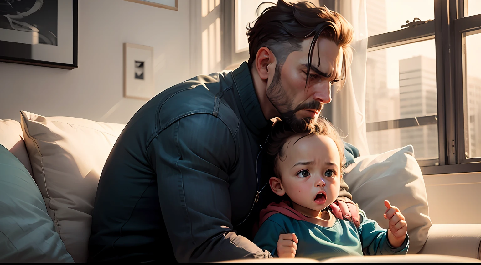 there is a man and a child sitting on a couch, father with son, interrupting the big game, photo bank, emotional conflict, dramatic situation, showing anger, absent father, stock image, affectionate father wide forehead, powerful scene, artistic interpretation, trend, with a son, arguing, shutterstock, paternal, pexels, comforting and familiar, ((DRAWING)) NHYPER REALISTIC, 4K --auto