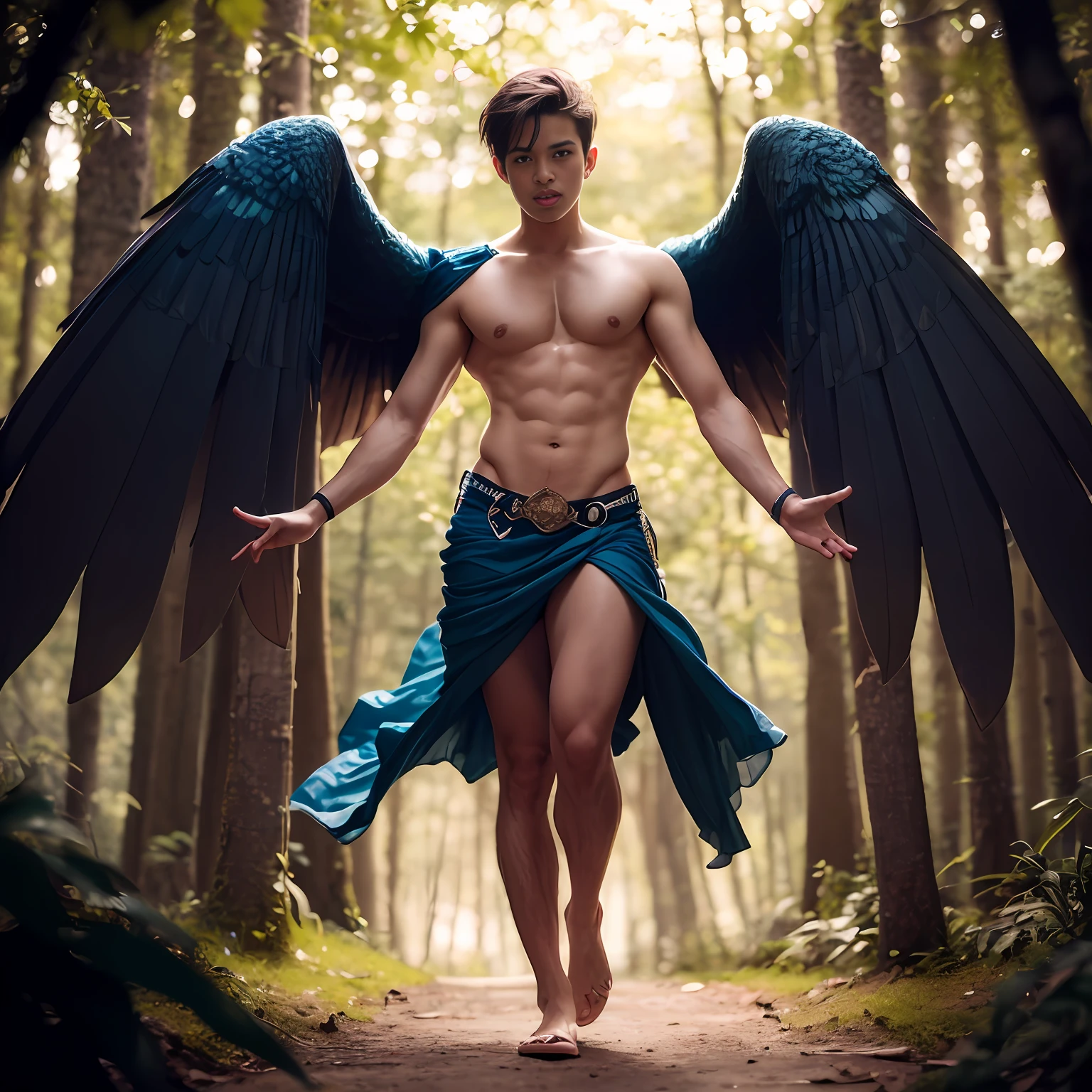 Cute male fairy man with blue and orange details, large wings, forest in background, vibrant colors, full body, detailed face, detailed hands, detailed legs, detailed fingers, detailed hair, detailed eyes, detailed skin, lush vegetation blurred background, vibrant colors, lush light, soft light, sunset light, smooth light, symmetrical, full body, reflections, dynamic HDR lighting, 8k resolution, cinematic film,  smooth, sharp focus, realistic, strobe light beams, ((blurred background)):1.7, (((depth of field)) ):1.8, cinestill 800t 35mm, high quality, heavy grain, high detail, cinematic composition, dramatic light, anamorphic, ultra wide lens, hyperrealistic --auto