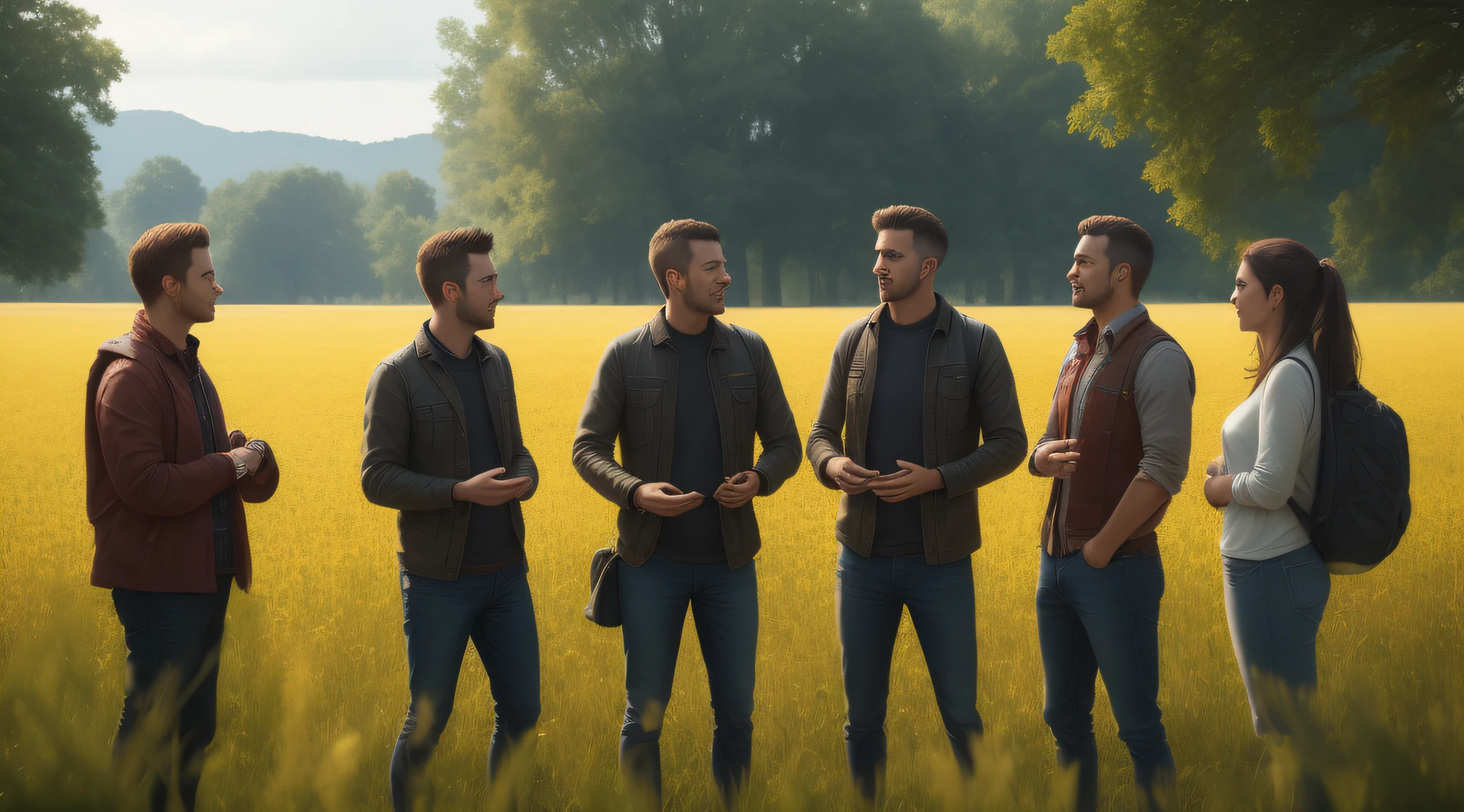 5 people, talking, realistic, 8k, ultraarealistic, field, friends