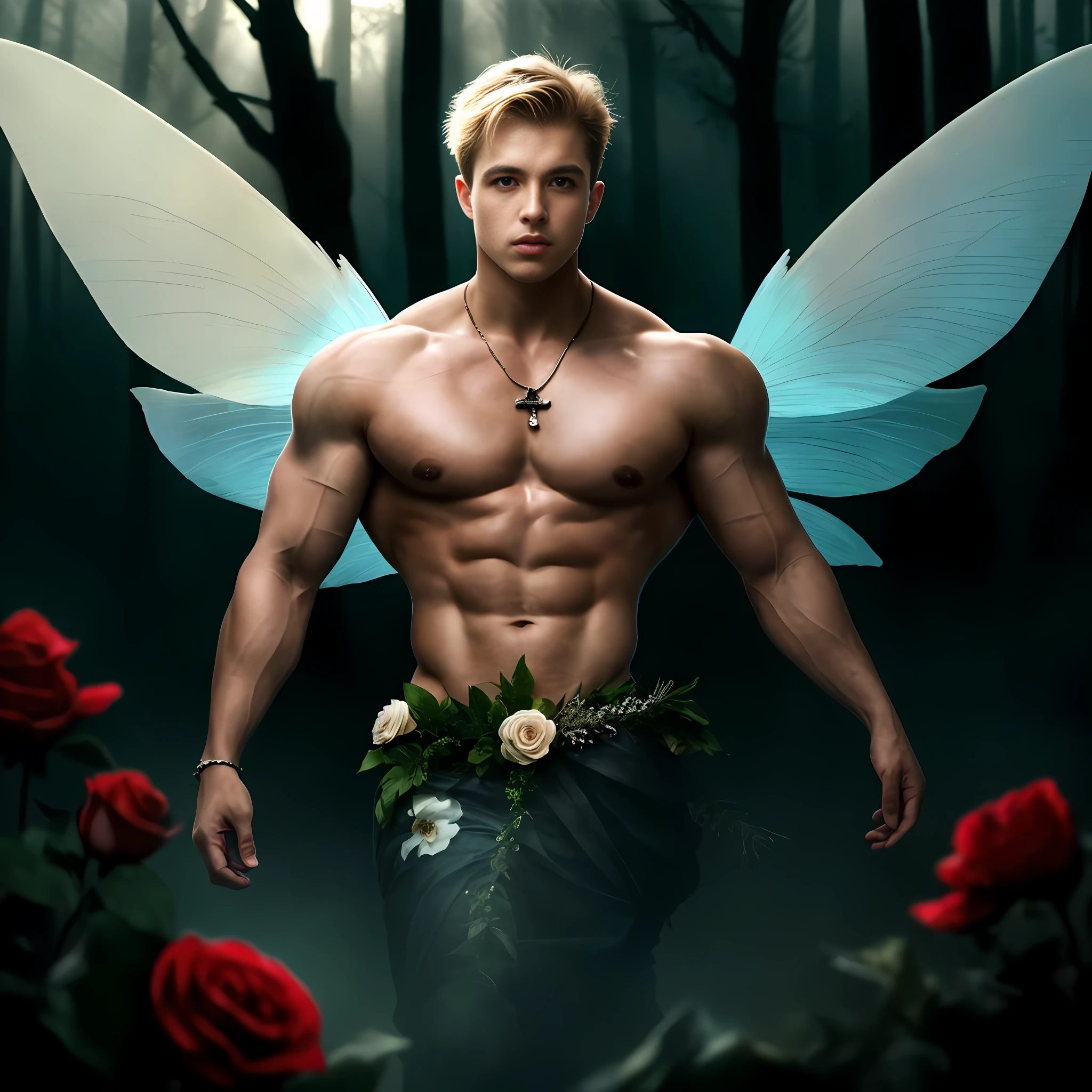 Cute male fairy, blonde, big pectoral, skin details, detailed face, detailed light blue eyes, fairy with thin wings, rose petals flying, wreath, thin cloth flying in the background like mist, dark forest in the background with thick mist, wide-angle film twilight lens directed by Peter Jackson ::20 HR delicacy, beauty, full body, lush vegetation blurred background, vibrant colors, lush light, soft light, sunset light, smooth light, symmetrical, full body, reflections, dynamic lighting HDR, 8k resolution, cinematic film, smooth, sharp focus, realistic, strobe light beams, ((blurred background)):1.7, (((depth of field)) ):1.8, cinestill 800t 35mm, high quality, heavy grain, high detail, cinematic composition, dramatic light, anamorphic, ultra wide lens, hyperrealistic
