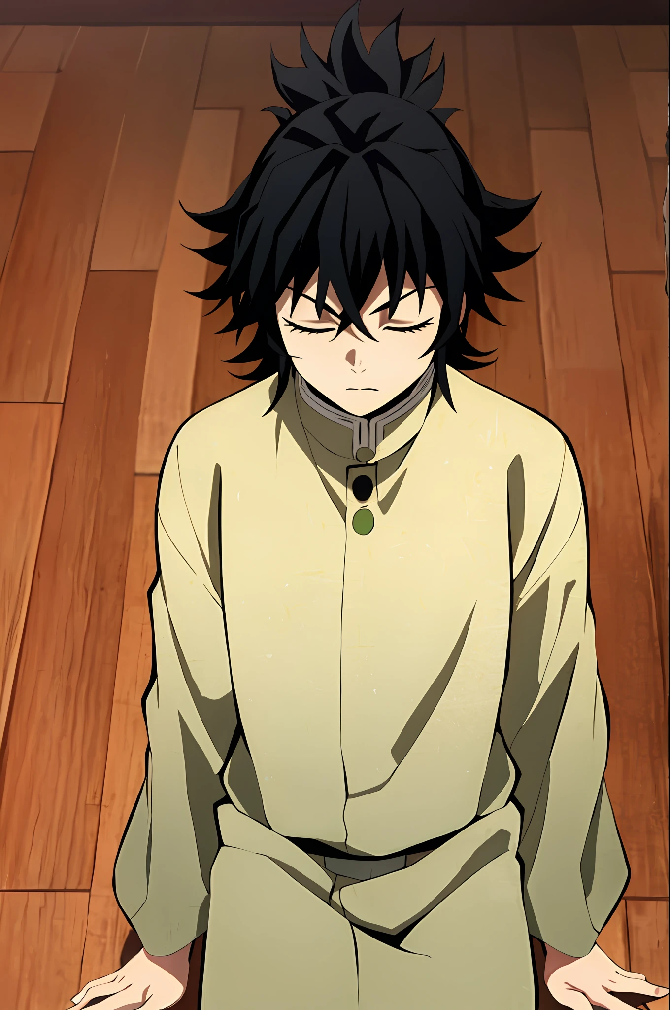 kimetsu no estilo yaiba, 1boy, yellow colors, calm, closed eyes, black hair, colorir anime, ((obra-prima))