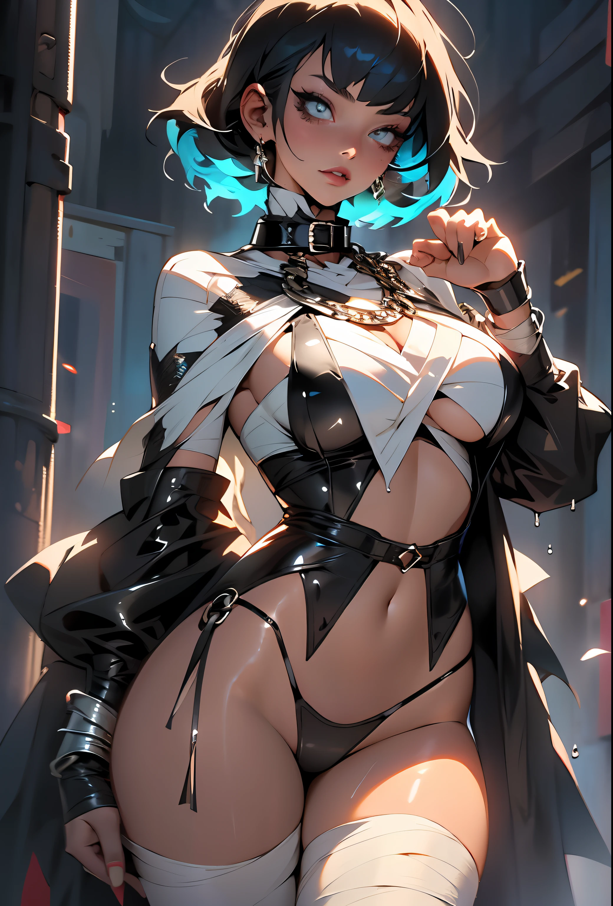 dark girl from ancient Egypt, 1girl,
1girl, goth girl, goth makeup, ((femdom)), (witch), ((dark character)), ((corruption)), (large breasts:1.4), saggy breasts, (((pixie cut, short hair, dark hair, black hair))), (((heterochromia, eye1 red, eye2 white ))), (big eyes), (((lustrous skin:1.5, tanned skin, glossy skin, wet skin, sweating, shiny skin, shiny body))), (spider lower abdomen, narrow waist, wide hip, athletic body), inflated legs, (delicate detailed fingers), ((hand consists of a short thumb and four fingers, hand with just five fingers)), hand reference,
very sexual, slutty, sensual, seductive look, seductive, erotic, enchanting, nsfw,
zettai ryouiki, revealing clothing, show skin, cleavage, ((underboob)), (((barefoot))), (((simple bandaged legs))), (eyes shadow, egyptian makeup), eyelid makeup, o-ring bottom, o-ring panties, ((black thongs, black panties)), (((pelvis curtain))), (loincloth), (((slave collar, metal slave collar, black slave collar, Long chain leash connected to her collar, shackles))), (((femdom cloth))), (black clothes),
dynamic pose, looking at viewer, serious attitude , (full height), full body,
outdoor, detailed background, (swamp, background skulls), extremely detailed background, (puddles everywhere, moss, moss in the background), rain and fog in the background,
(best quality), (high resolution), (sharp focus), (ultra detailed), (extremely detailed), (extremely high quality artwork), 8k_wallpaper, (extremely detailed CG 8k),(very fine 8K CG), ((hyper super ultra detailed perfect piece)), flawless, (((masterpiece))), illustration,
(dynamic lighting), dynamic light, sunshine, sun rays, god rays, cinematic light, (cinematic shadow), (textile shading) , (cinematic shadow), vibrant colors,