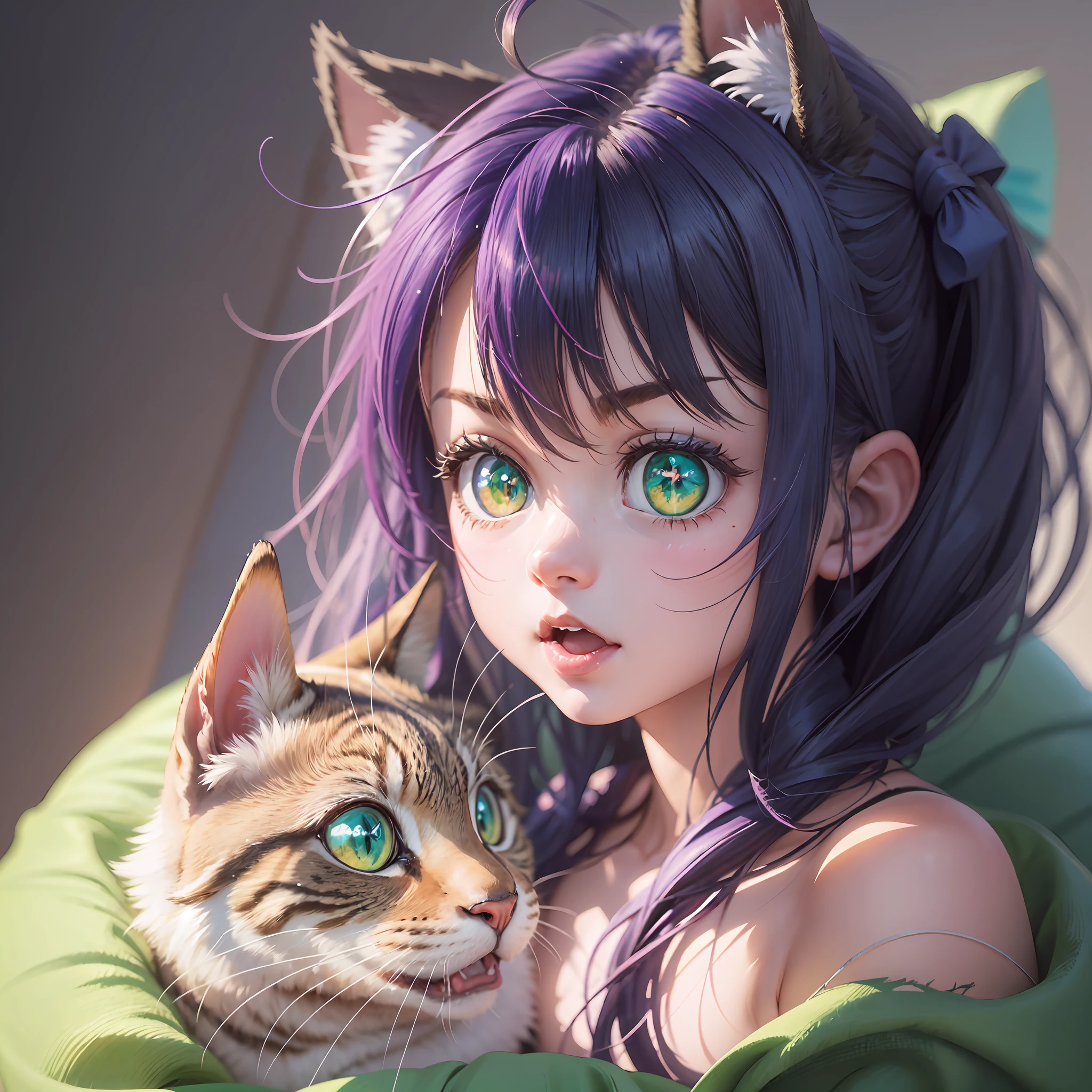 (full hd 4k), Anime girl from anime "Show by rock" Cyan Hijirikawa, black hair, green eyes, чёрные кошачьи ушки, anime character with cat ears, cute anime catgirl, anime catgirl, милая нежная поза, смущается, шедевр