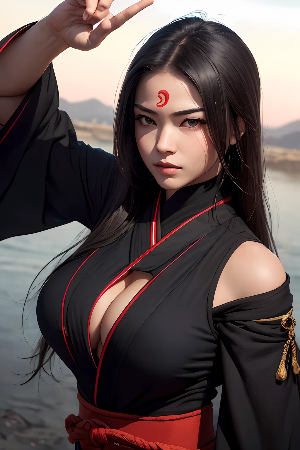 high quality fingers, normal hands, detailed fingers, masterpiece, (realistic, photo-realistic: 1.37), realistic, 1girl, long hair:1.5, black hair:1.2, red eyes:1.5, bright eyes, mortal kombat, ninja, weapons, kimono, dress, mortal kombat costume, large breasts, fighting pose, serene look, temple, meditation, ninja mask, cover half face, eyes to the sky