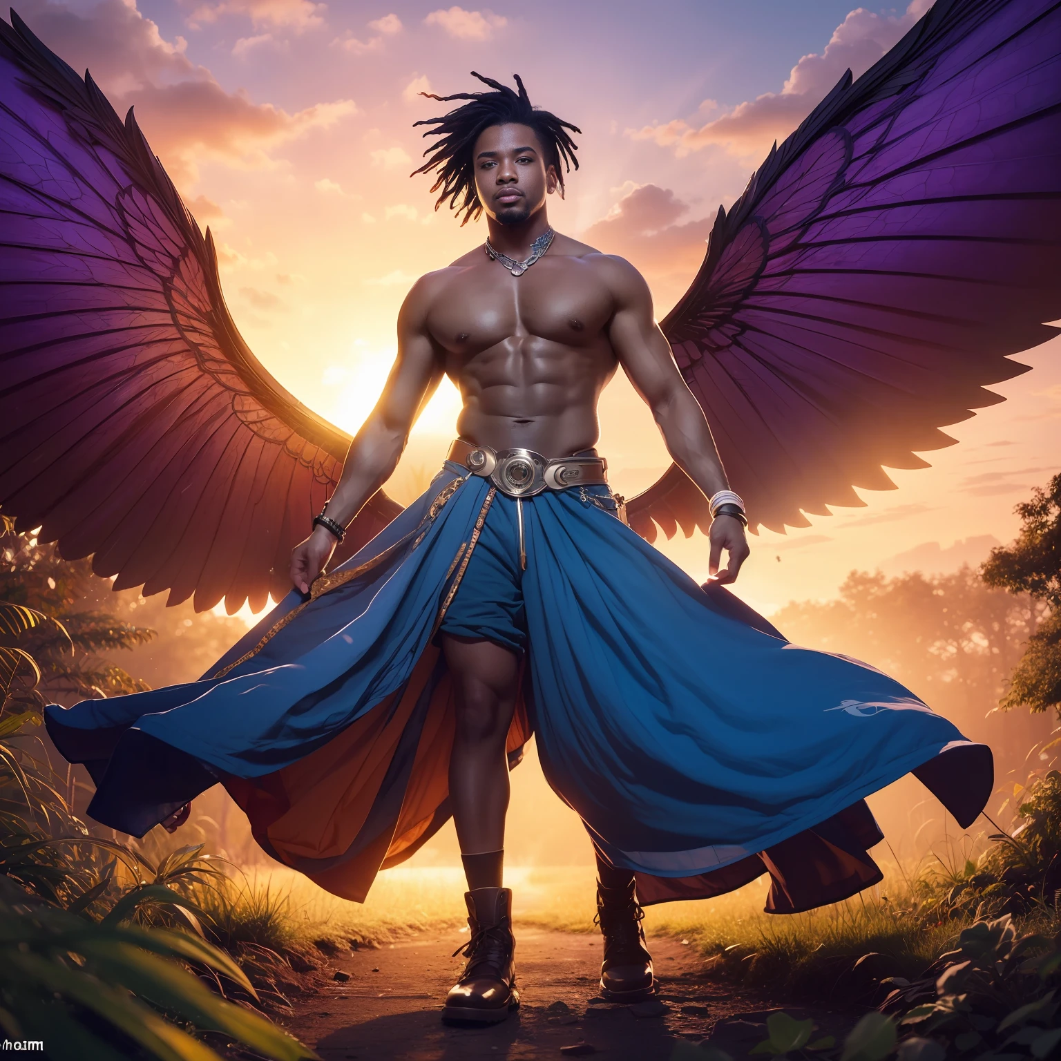 Cute male black man fairy with blue and orange details, large wings, forest in background, vibrant colors, full body, detailed face, detailed hands, detailed legs, detailed fingers, detailed hair, detailed eyes, detailed skin, lush vegetation blurred background, vibrant colors, lush light, soft light, sunset light, smooth light, symmetrical, full body, reflections, dynamic HDR lighting, 8k resolution,  cinematic film, smooth, sharp focus, realistic, strobe light beams, ((blurred background)):1.7, (((depth of field)) ):1.8, cinestill 800t 35mm, high quality, heavy grain, high detail, cinematic composition, dramatic light, anamorphic, ultra wide lens, hyperrealistic --auto