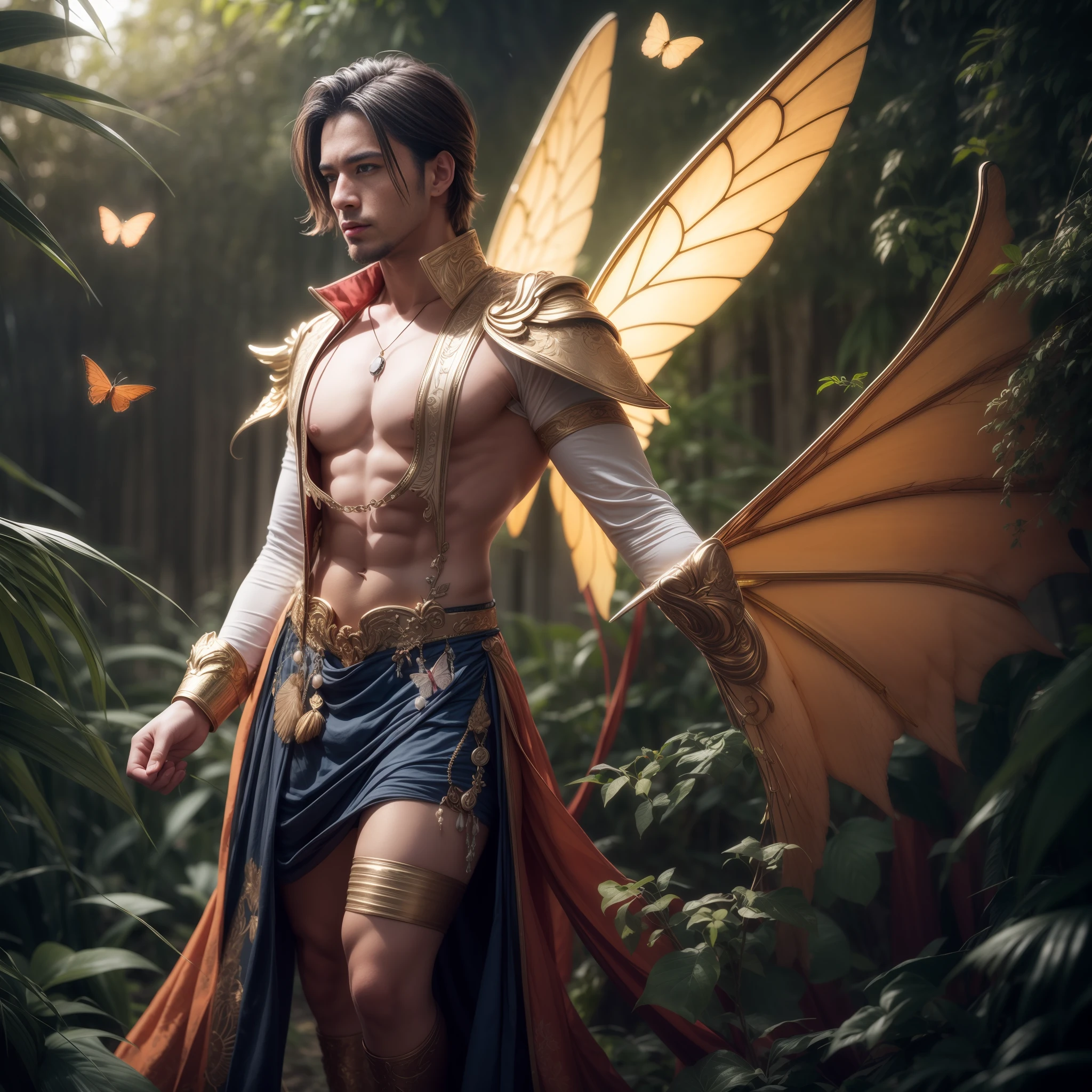 Beautiful male male fairy outfit, long clothes, full body, with orange and gold details, large wings, with butterflies flying through the nose, branches of plants rising up the cheekbones, delicacy, beauty, full body, lush vegetation blurred background, vibrant colors, lush light, soft light, sunset light, smooth light, symmetrical, full body, reflections, dynamic HDR lighting, 8k resolution,  cinematic film, smooth, sharp focus, realistic, strobe light beams, ((blurred background)):1.7, (((depth of field)) ):1.8, cinestill 800t 35mm, high quality, heavy grain, high detail, cinematic composition, dramatic light, anamorphic, ultra wide lens, hyperrealistic