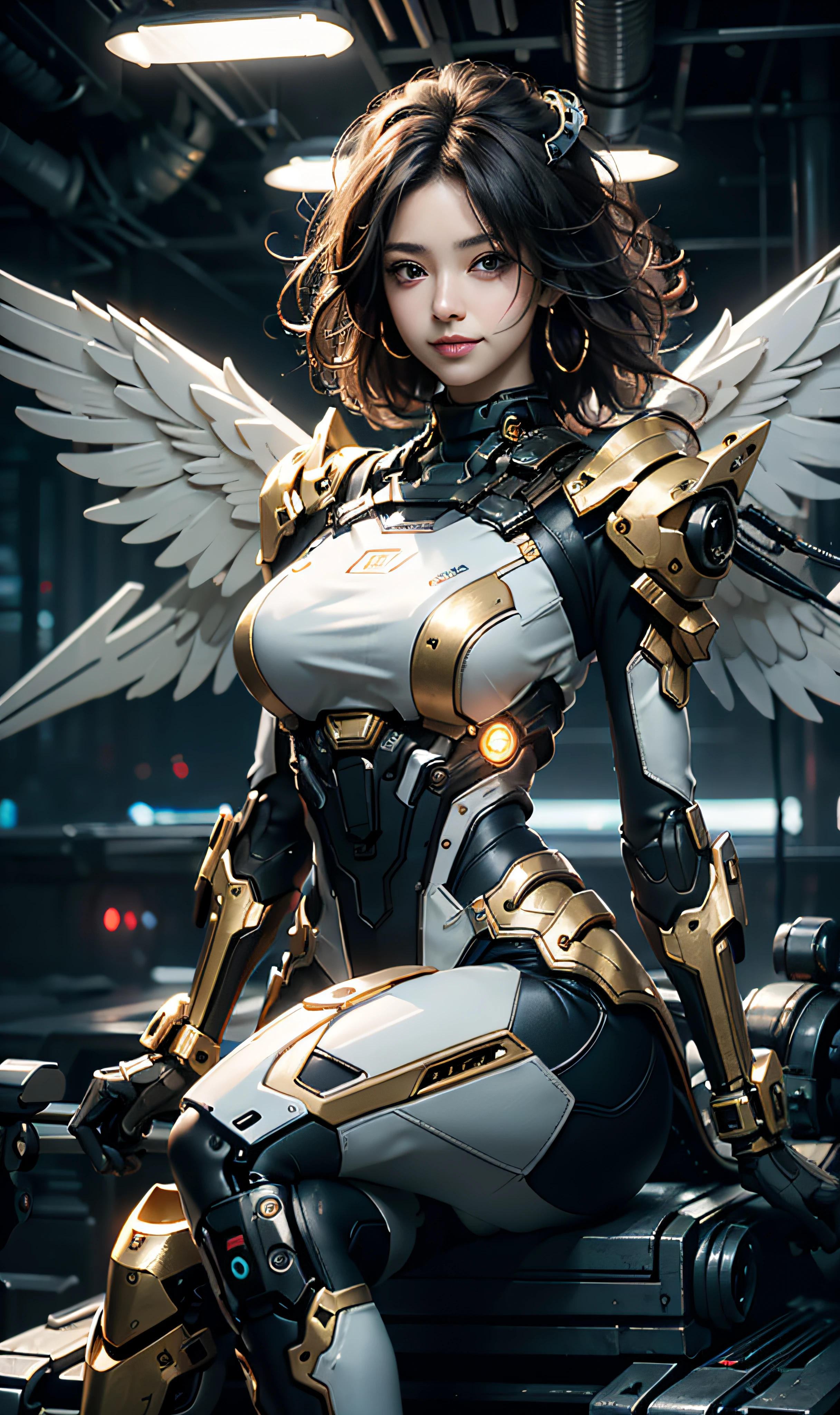 16k, masterpiece,(best quality),highly-detailed,ultra-detailed,1girl, big breast, breast window,(mechanical wings),(cyberpunkcity:1.5,weapon:energy blade),(fantasylandscape:1.2, natural lighting:1.5, confident expression),(panorama:1.2), crossed legs, mecha, smile, angle,Angels, wings, gold,raw