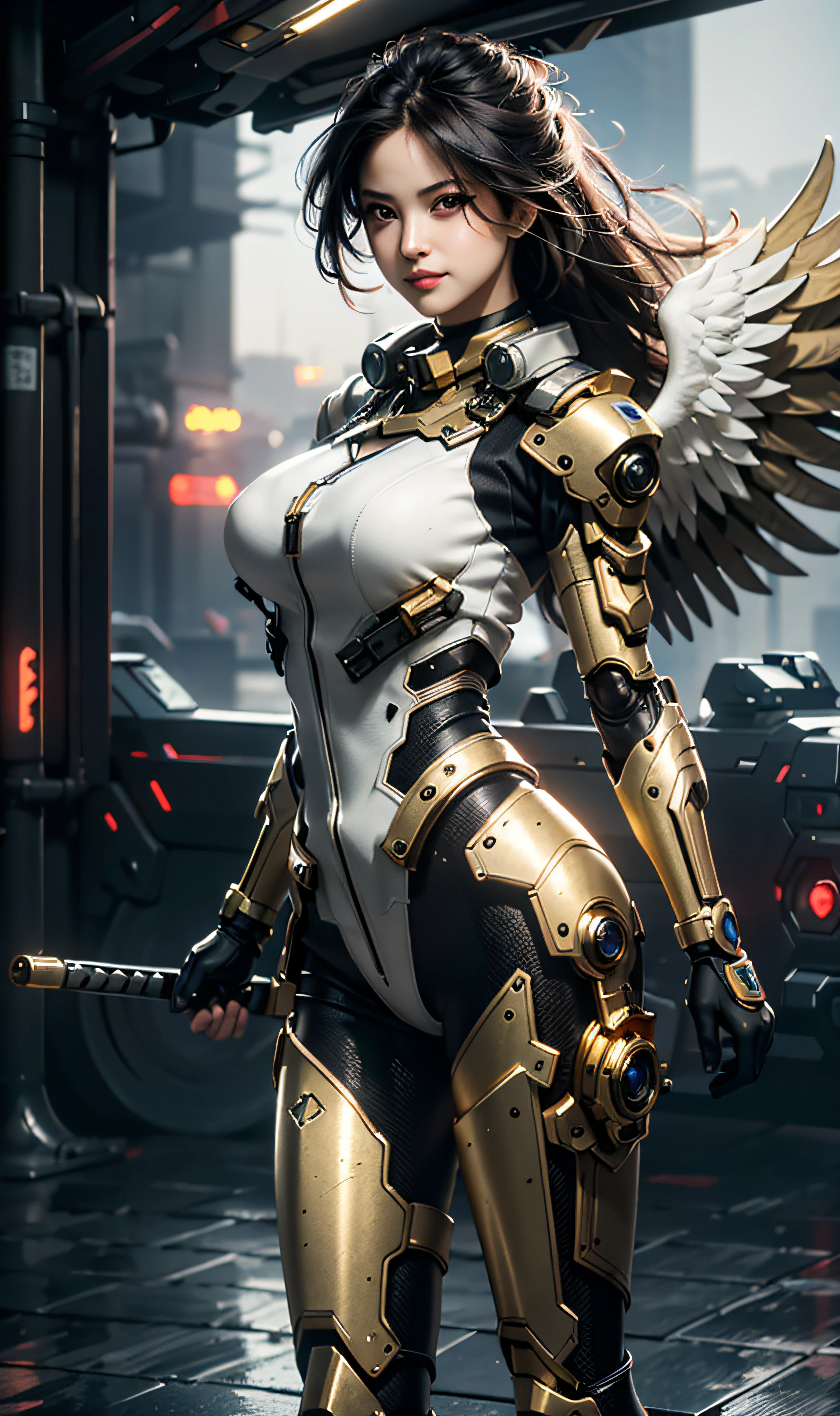 16k, masterpiece,(best quality),highly-detailed,ultra-detailed,1girl, big breast, breast window,(mechanical wings),(cyberpunkcity:1.5,weapon:energy blade),(fantasylandscape:1.2, natural lighting:1.5, confident expression),(panorama:1.2), victory pose, mecha, smile, angle,Angels, wings, gold,raw