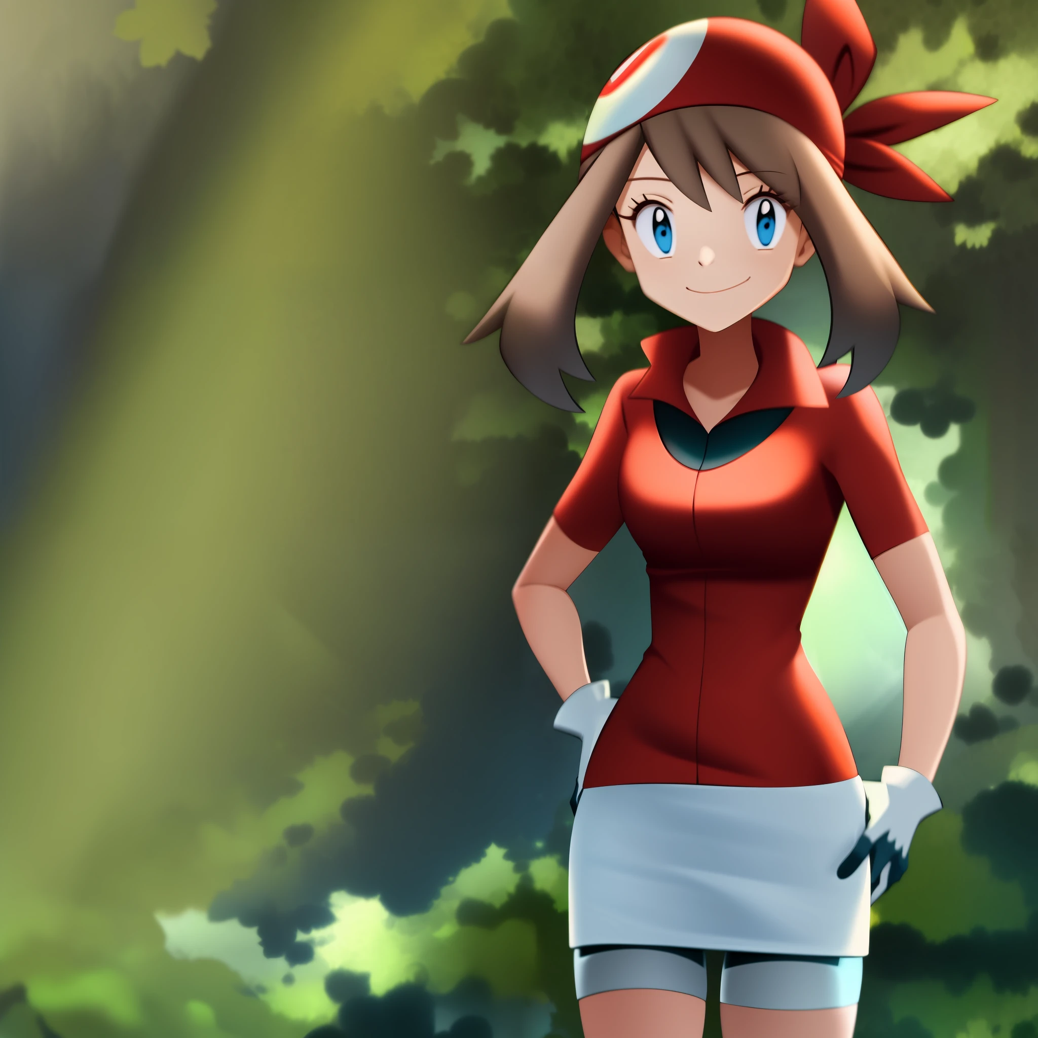 forest, light rays, 1girl, character_pokemon_may, solo, cowboy shot, standing, looking at viewer, smile, closed mouth, hand on hip, hand on own thigh, bandana, shirt, white skirt, bike shorts, gloves, pack,