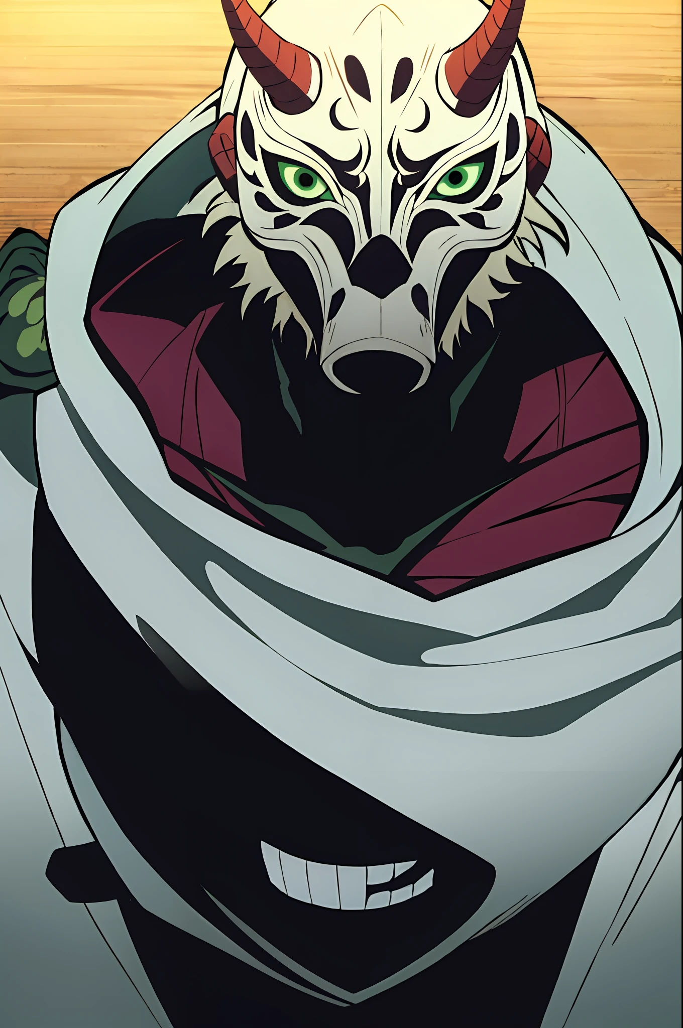 kimetsu in yaiba style, oni, green, white mask, anime coloring, ((masterpiece))