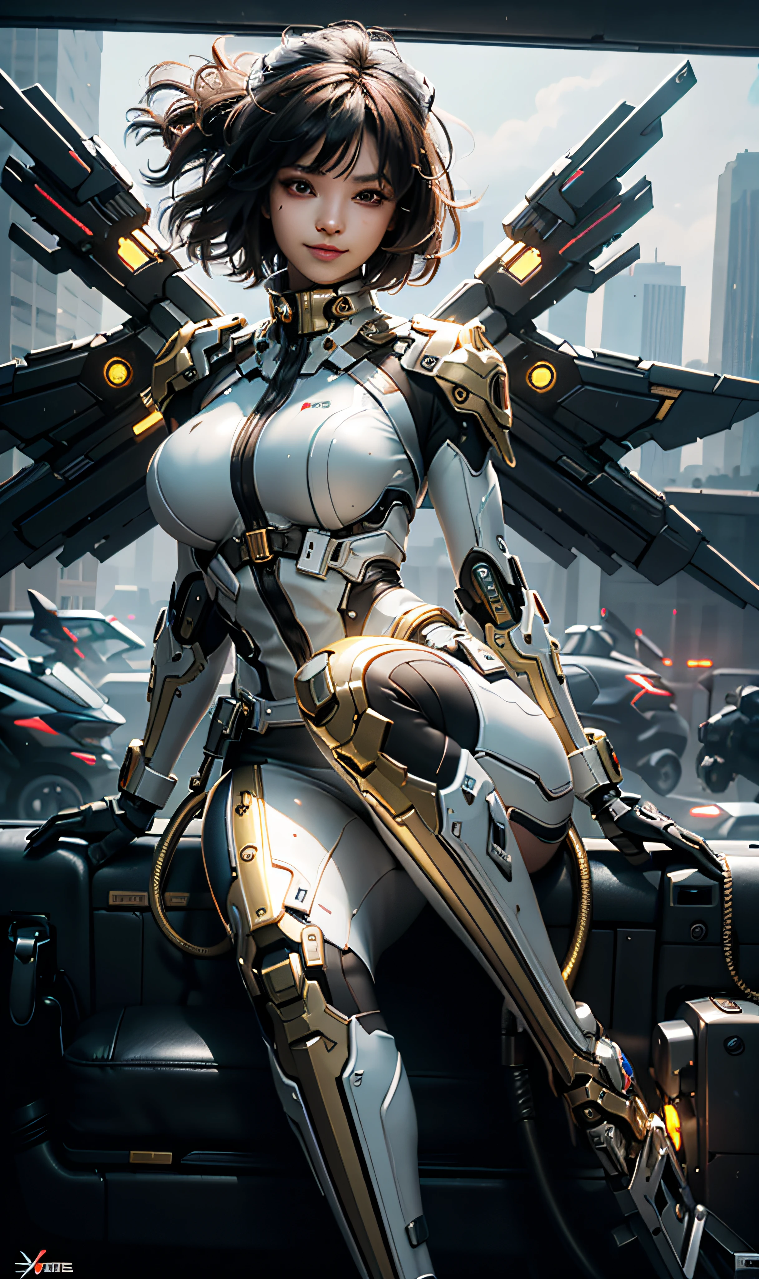 16k, masterpiece,(best quality),highly-detailed,ultra-detailed,1girl, big breast, breast window,(mechanical wings),(cyberpunkcity:1.5,weapon:energy blade),(fantasylandscape:1.2, natural lighting:1.5, confident expression),(panorama:1.2), crossed legs, mecha, smile, angle,Angels, wings, gold,raw