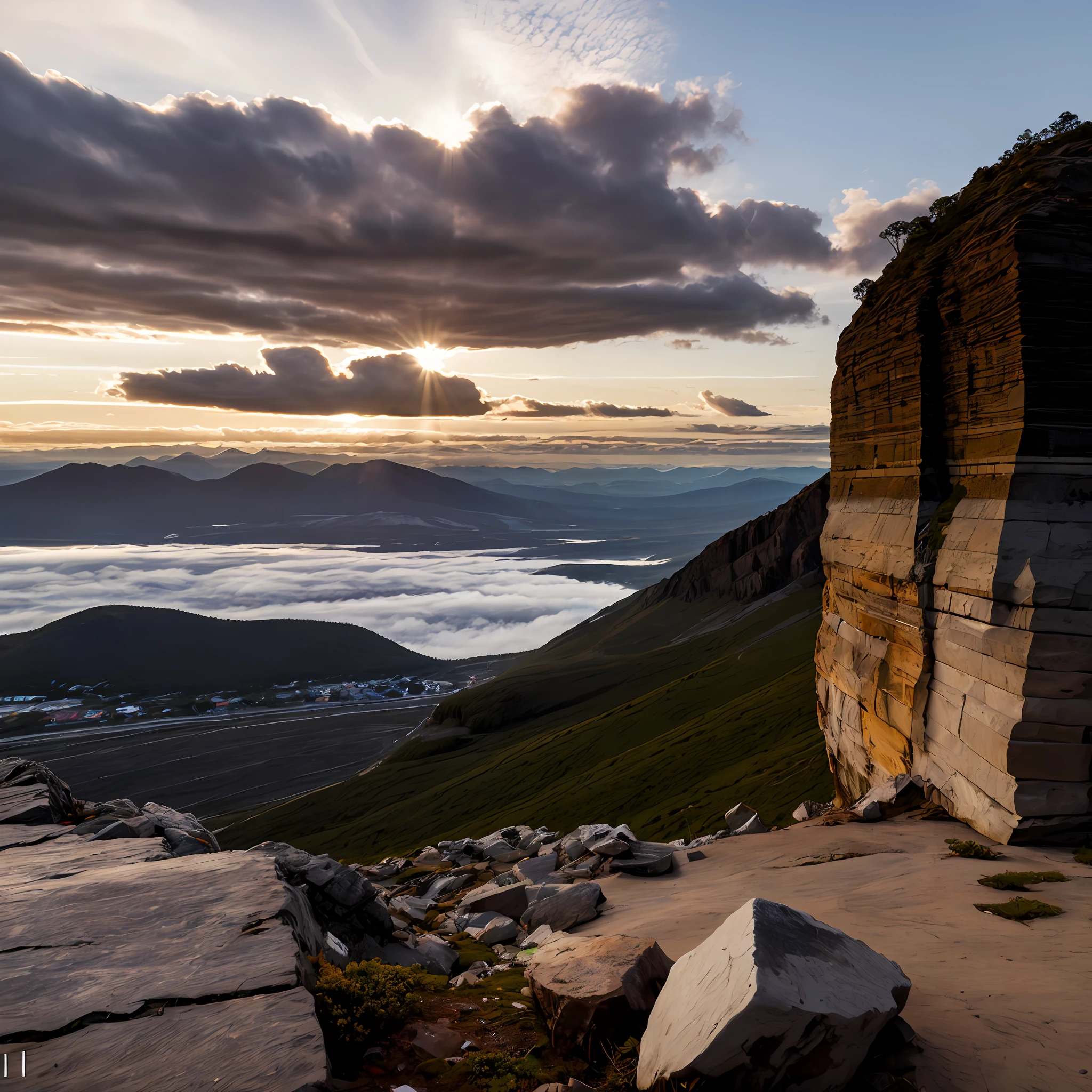 Photograph of a sunset over a mountain with clouds (good composition), centered, 8k, 4k, detailed, attractive, beautiful<, impressive, photorealistic, cinematic composition, volumetric lighting, high resolution, vivid, detailed, stunning, professional, realistic, sharp, flawless, DSLR, 4k, 8k, 16k, 1024, 2048, 4096, detailed, sharp, best quality, high quality, highres, absurdres