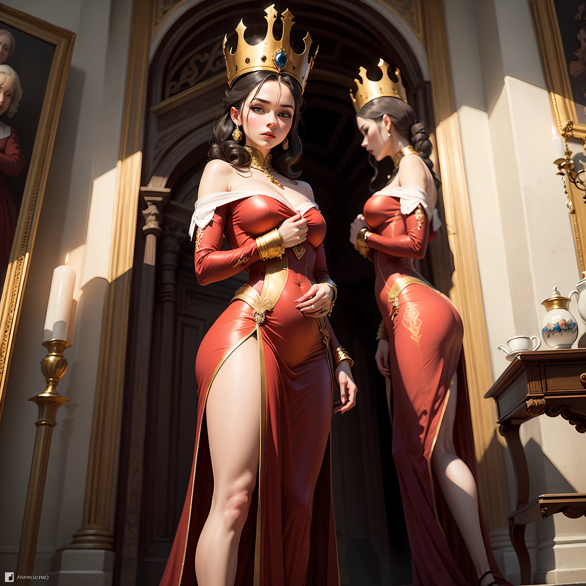 Narcissist woman, standing tall, draped in an extravagant red velvet dress, with a golden crown perched on her voluminous, raven hair, her aquiline nose held high, a mirror clutched in one hand reflecting her flawless makeup, Marble-walled palace filled with elaborate frescoes and grand chandeliers, emphasizing her superiority and self-love, her every move radiates a self-obsessed aura, Painting, Renaissance style, using oil on canvas, --ar 16:9 --v 5 --auto
