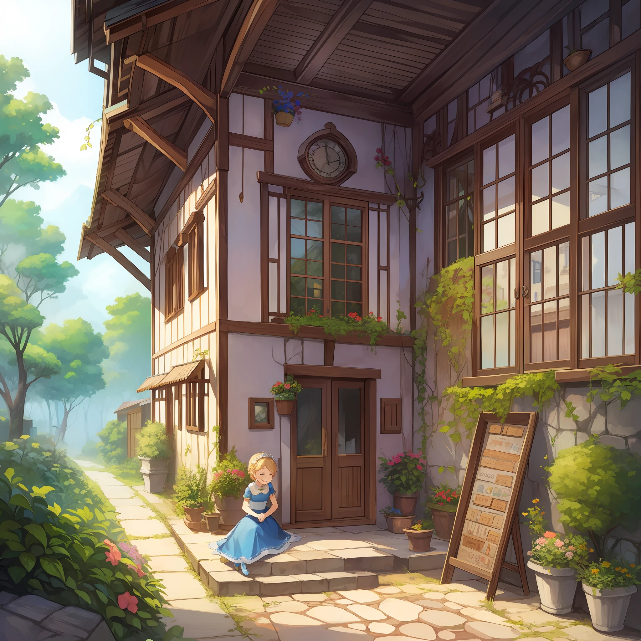 Draw a small house where Cinderella and her dad live happily ever after. Cinderella is smiling and talking to her dad. The house is very frugal, but full of love.