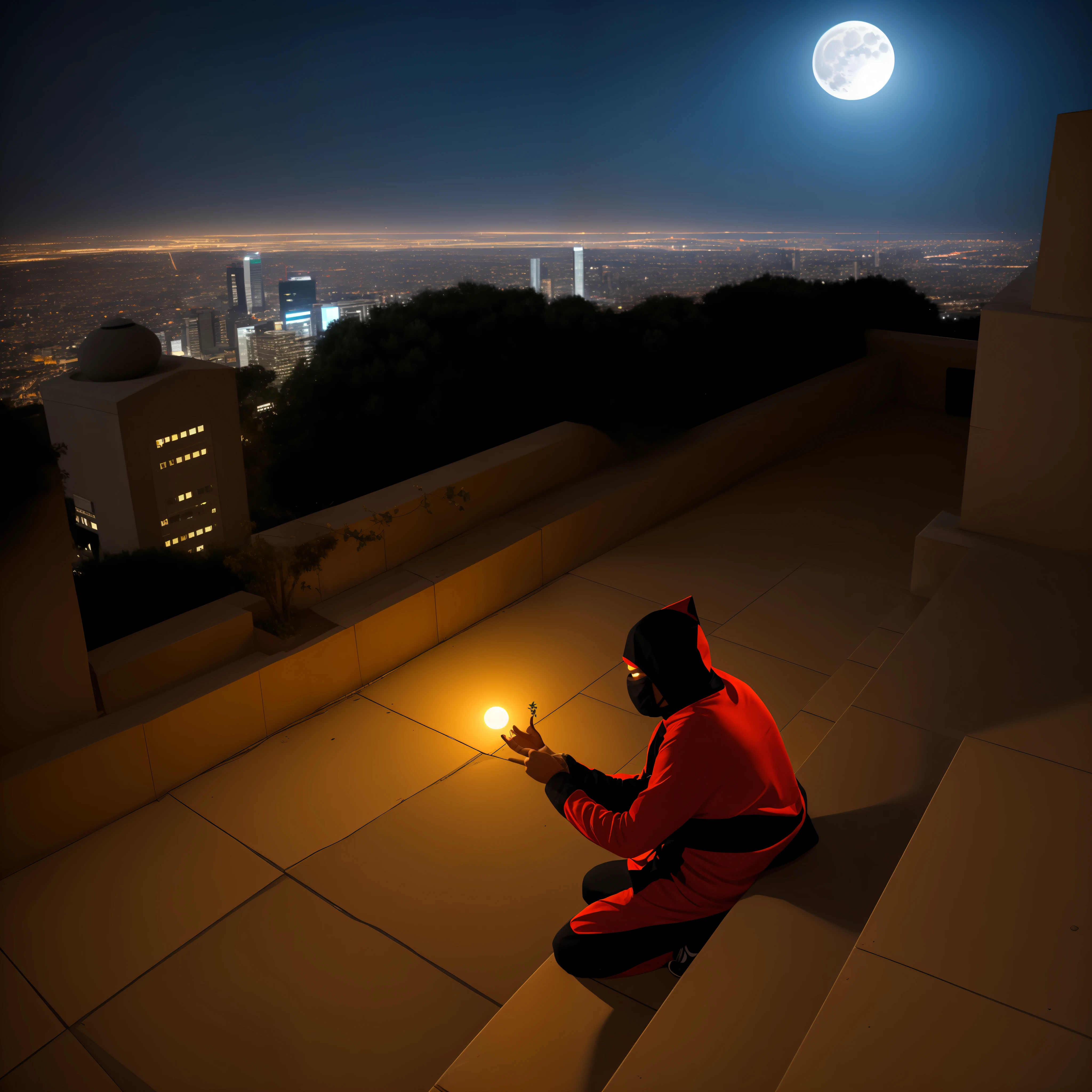 An individual wearing a ninja costume crouched in a building, facing the city on a full moon night, wrapped in an aura.