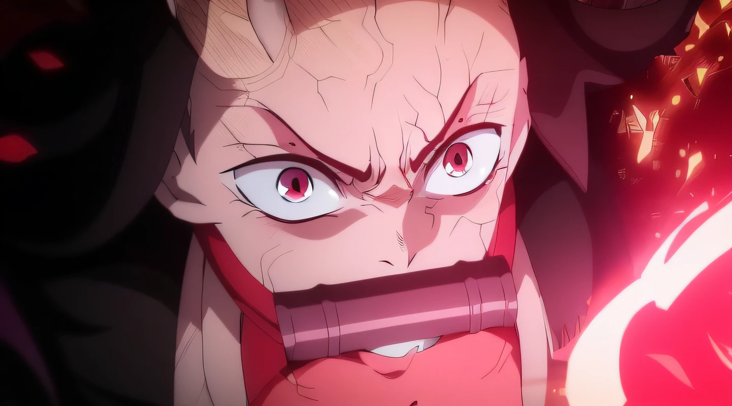 anime character with horns and a red eye staring at something, villain wearing a red oni mask, screenshot from the anime film, from overlord, demon slayer artstyle, still from anime, today's featured anime still, shalltear from overlord, screenshot from guro anime, highly detailed angry anime face, still from tv anime, face of a pale alien cultist