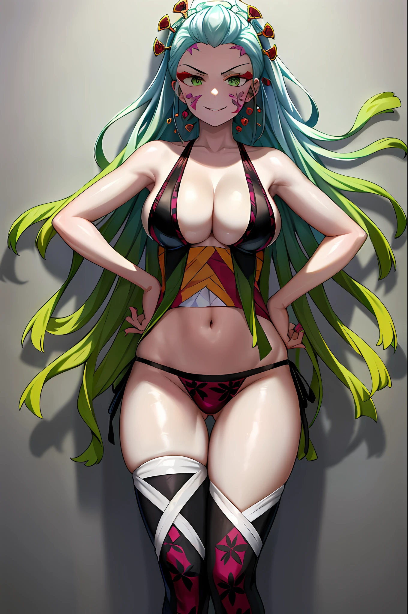 masterpiece, best quality, DakiV4, 1girl, solo, white skin, long hair, breasts, looking at viewer, smile, hair ornament, thighhighs, cleavage, very long hair, underwear, panties, white hair, multicolored hair, green hair, makeup, fingernails, hands on hips, gradient hair, facial mark