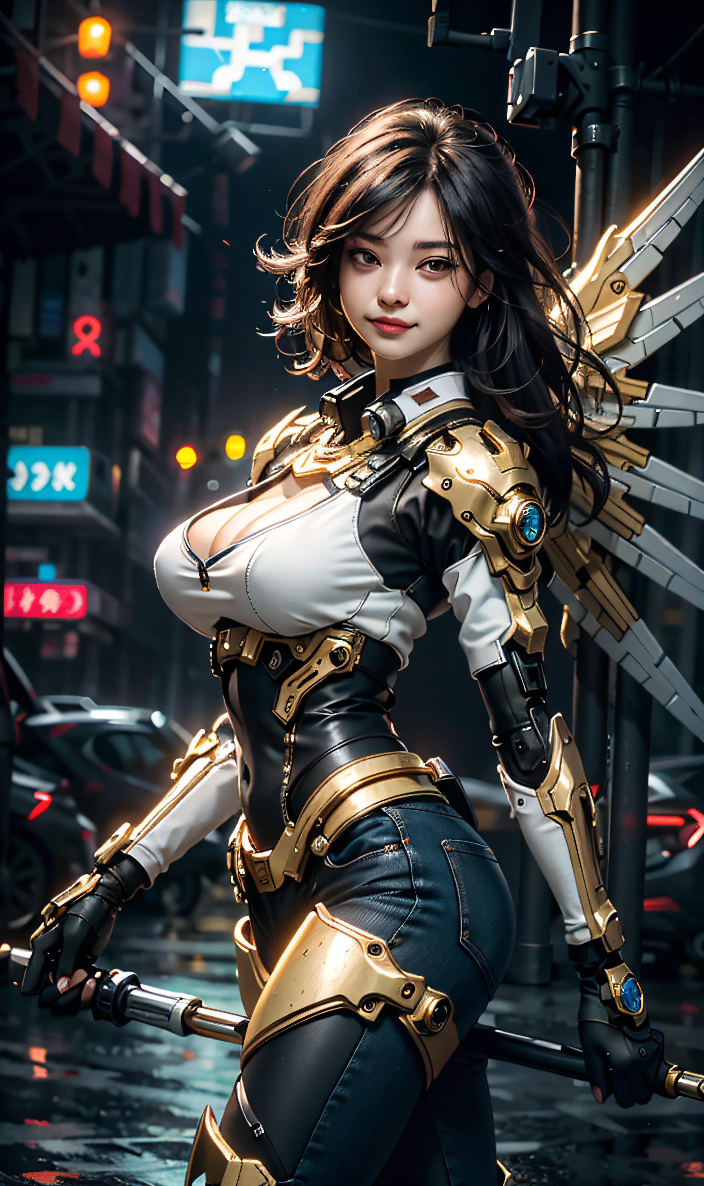 16k, masterpiece,(best quality),highly-detailed,ultra-detailed,1girl, big breast, breast window,(mechanical wings),(cyberpunkcity:1.5,weapon:energy blade),(fantasylandscape:1.2, natural lighting:1.5, confident expression),(panorama:1.2), victory pose, mecha, smile, angle,Angels, wings, gold,raw