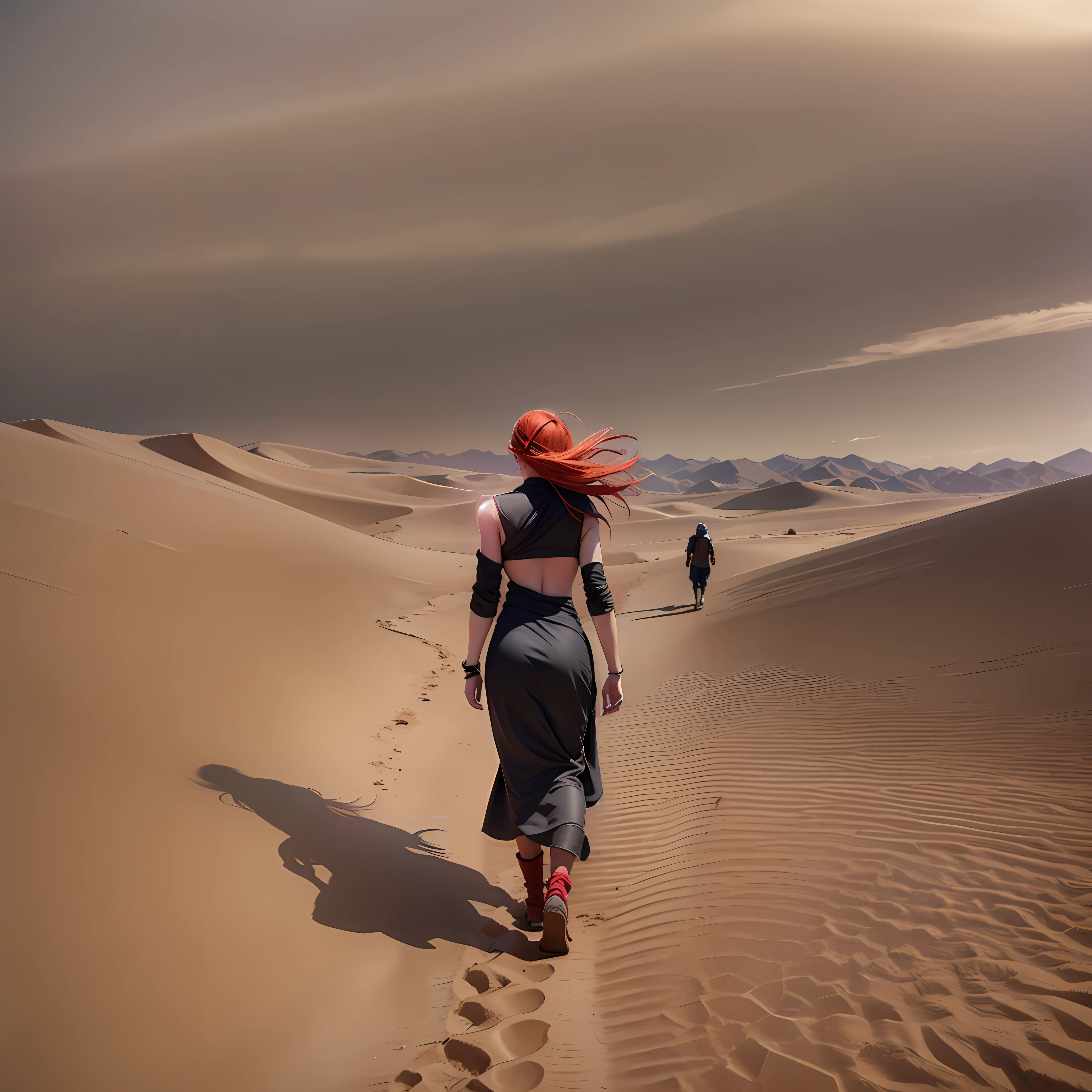 Desert, Sandstorm, HD, Realistic, woman walking, Back view of Woman, Red Hair, Hair flowing.