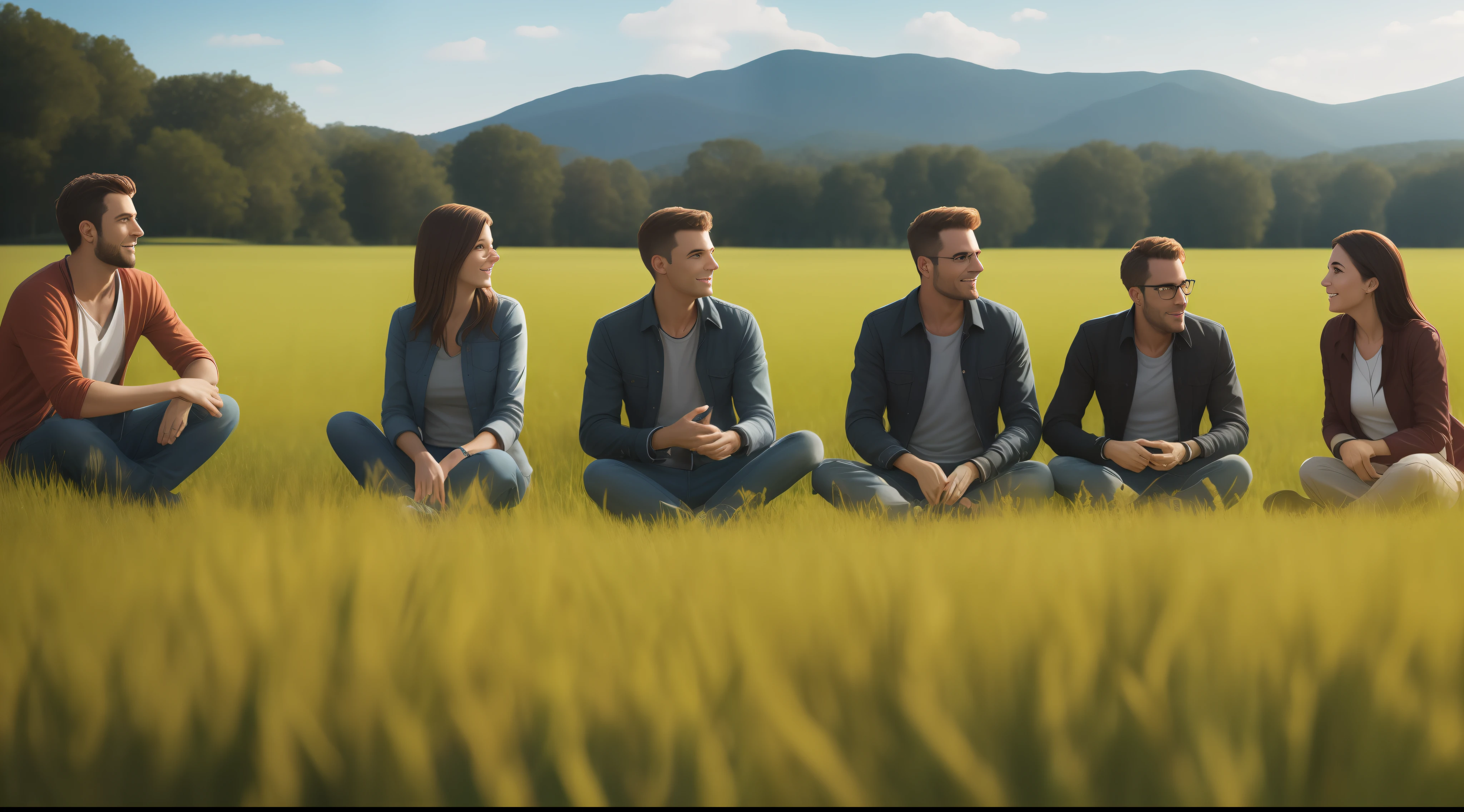 5 people, talking, realistic, 8k, ultra-realistic, field, friends, perfect face
